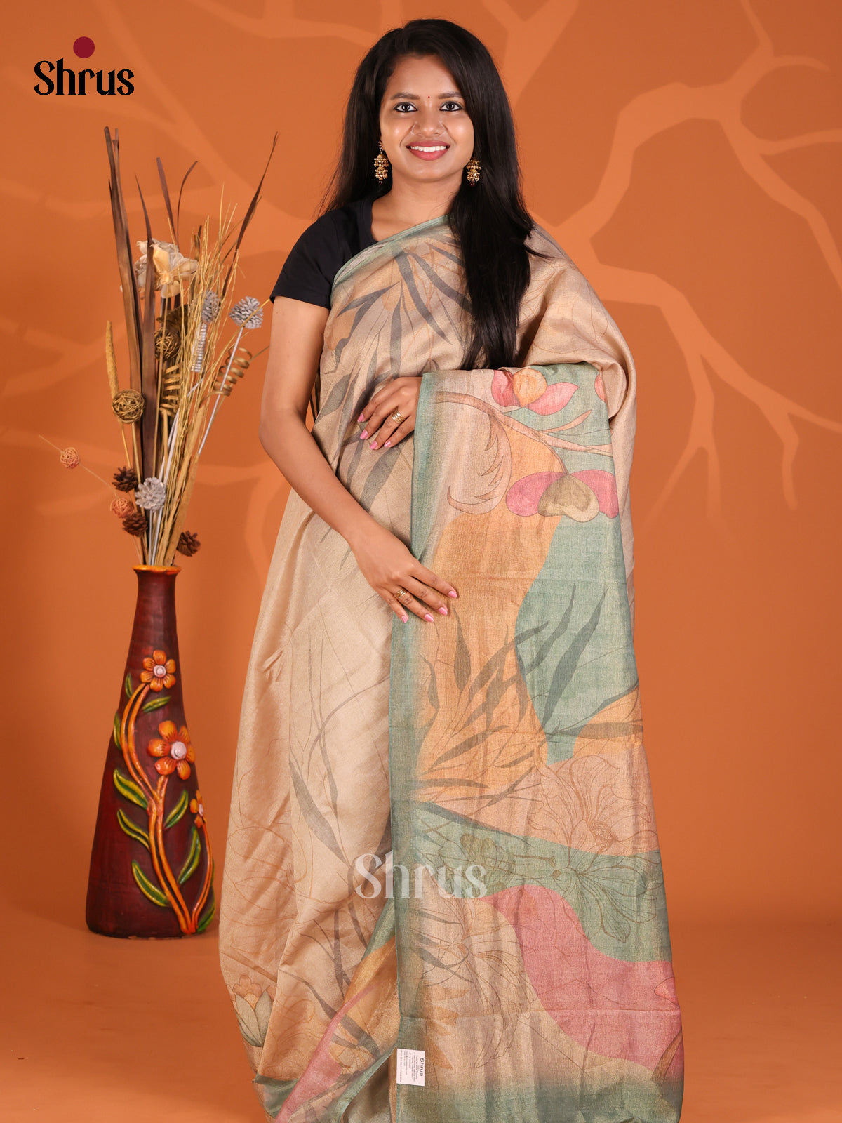 Dusty Brown & Green - Semi Tissue Print Saree - Shop on Shrus.com