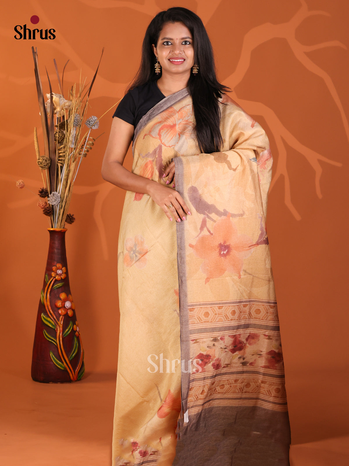 Peach & Grey - Semi Tissue Print Saree