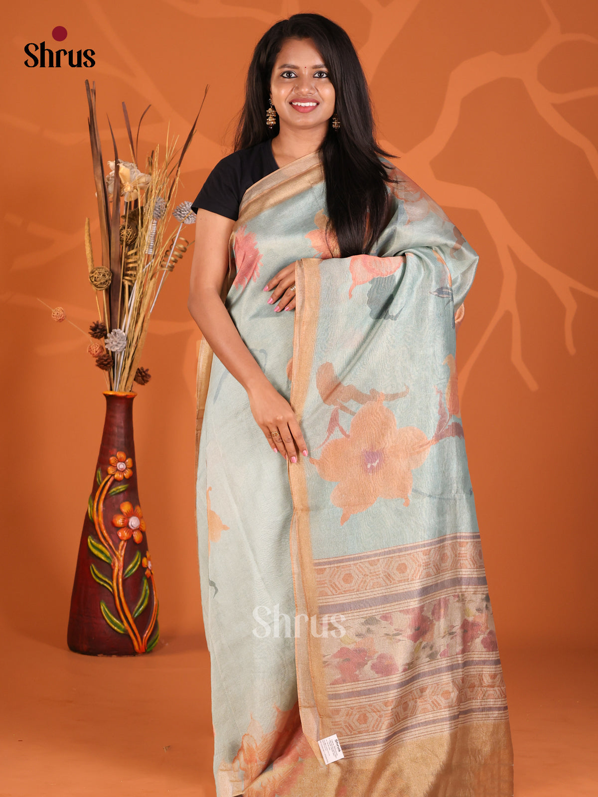 Pastel Blue & Grey - Semi Tissue Print Saree