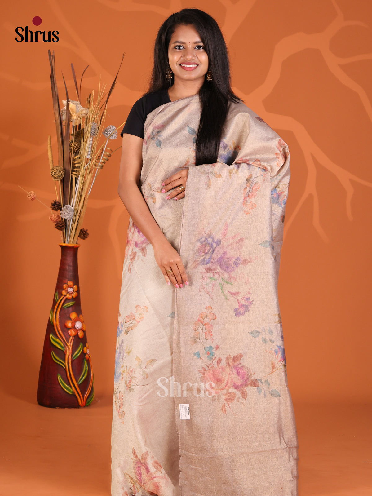 Grey - Semi Tissue Print Saree