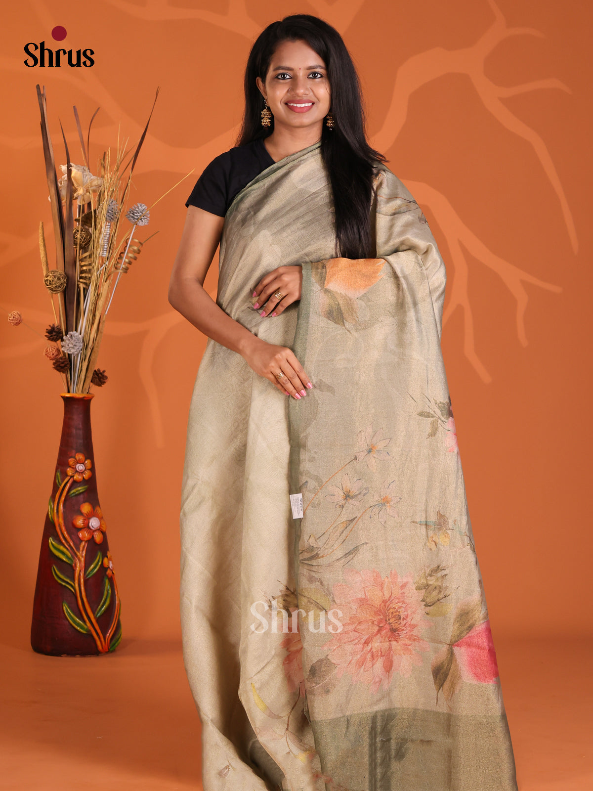 Grey & Chutney Green- Semi Tissue Print Saree