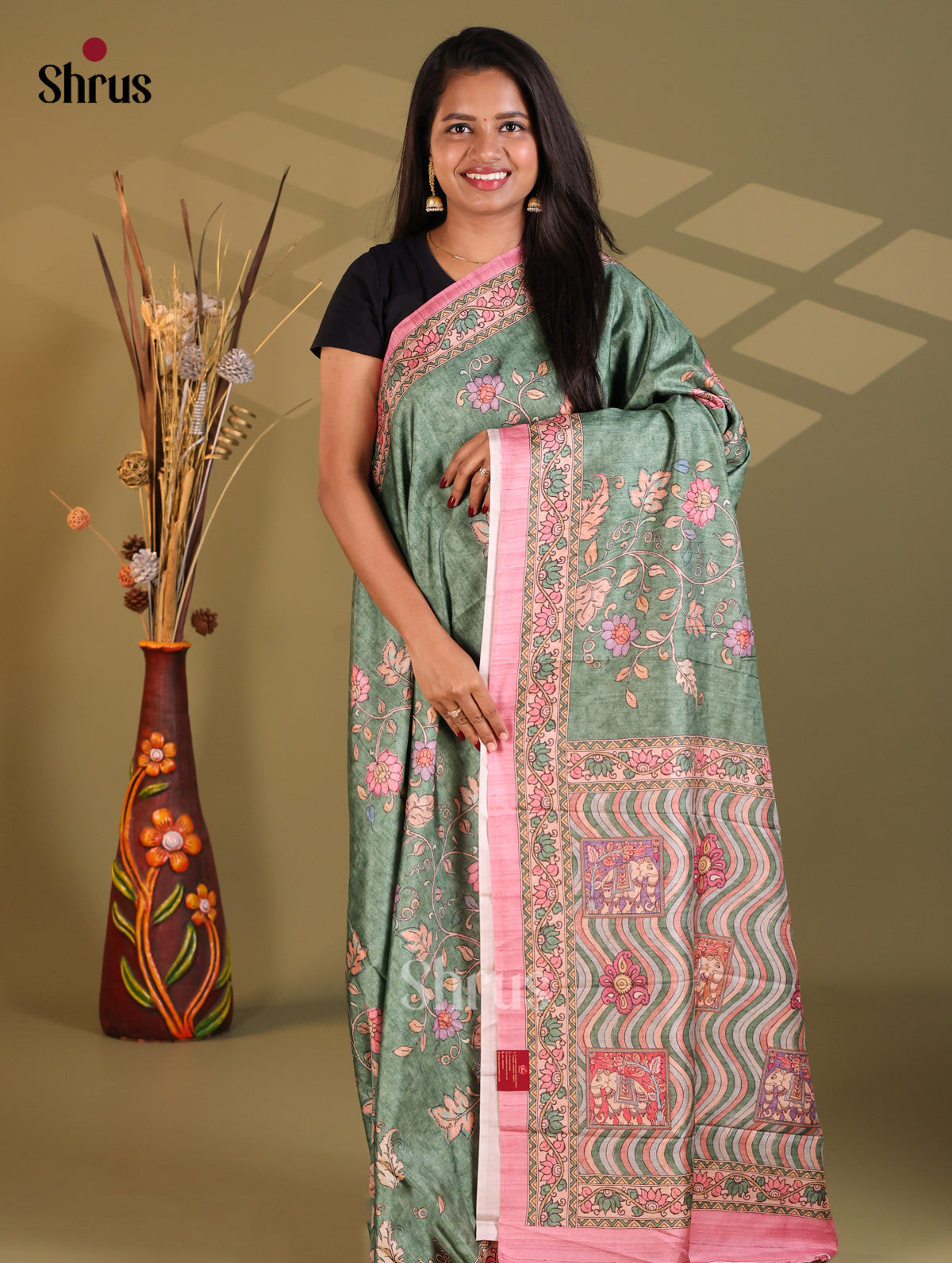 Green & Pink - Semi Modal Saree