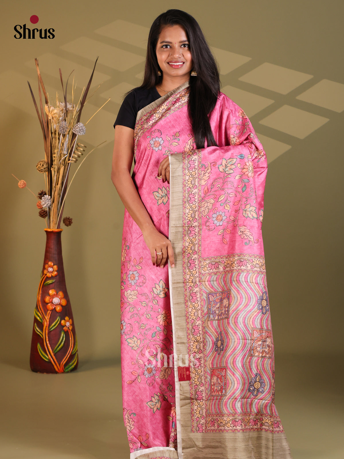 Pink & grey - Semi Modal Saree