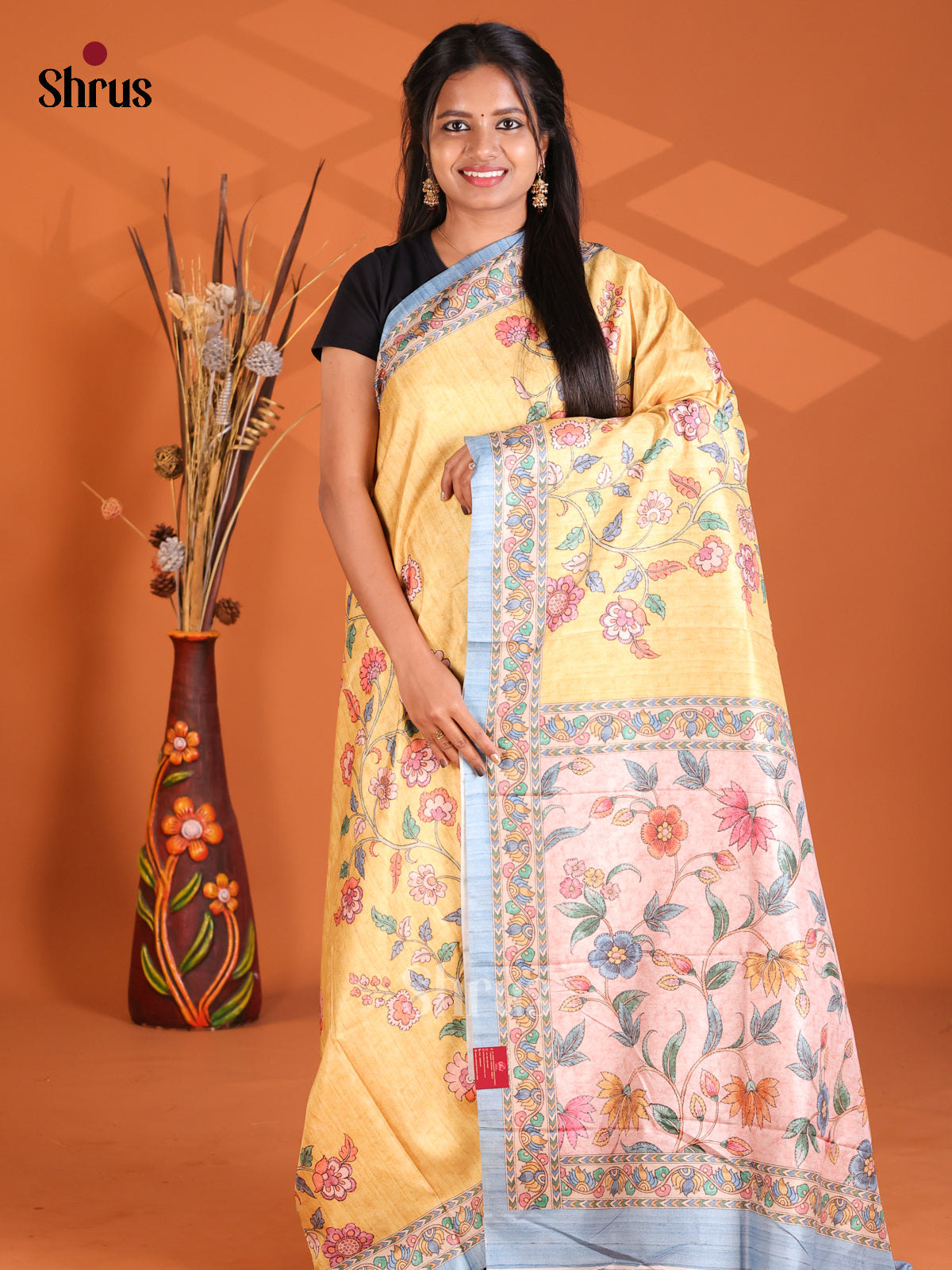 Yellow & Blue - Semi Modal Saree - Shop on Shrus.com