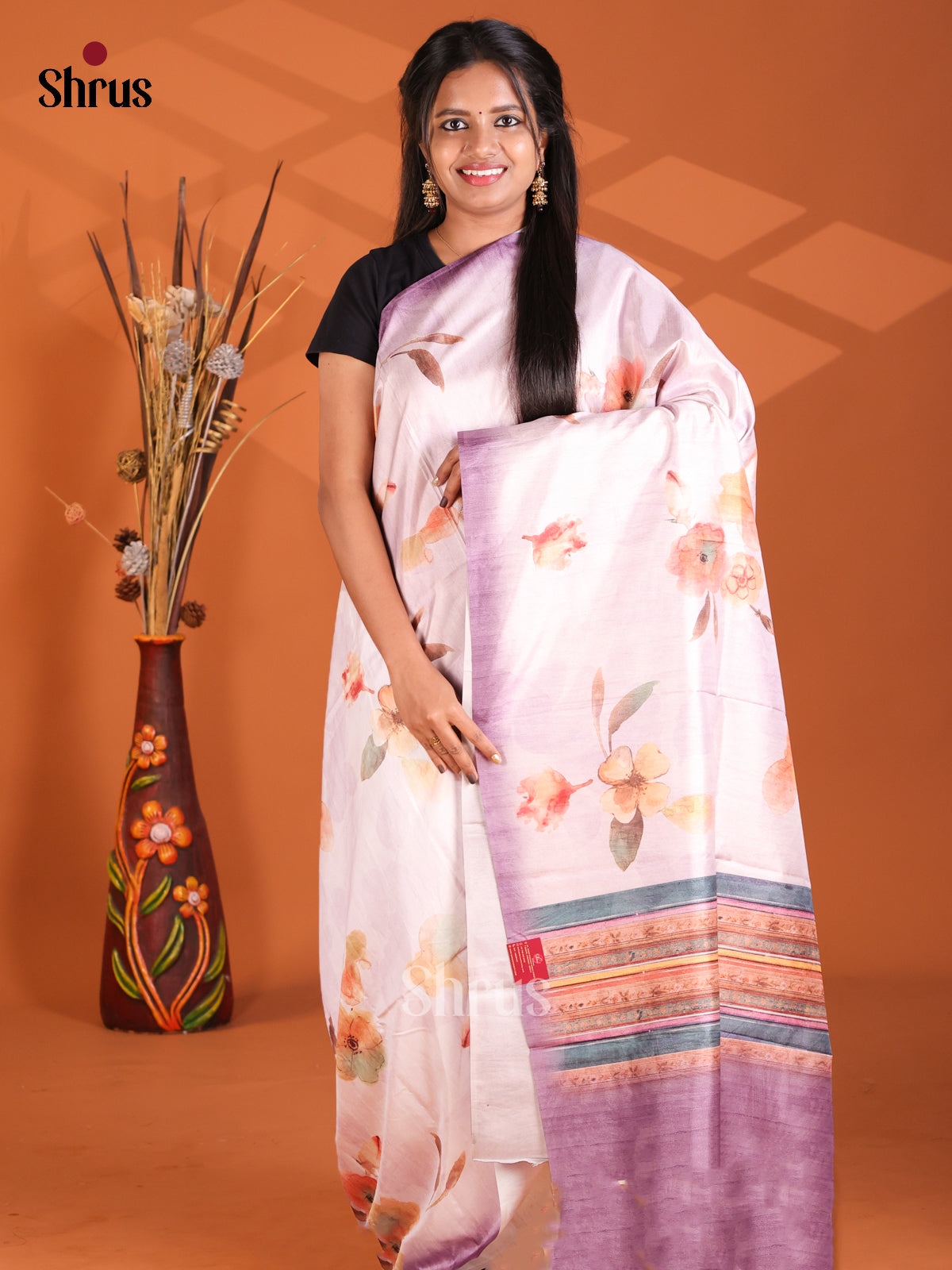 Cream & Purple - Semi Modal Saree