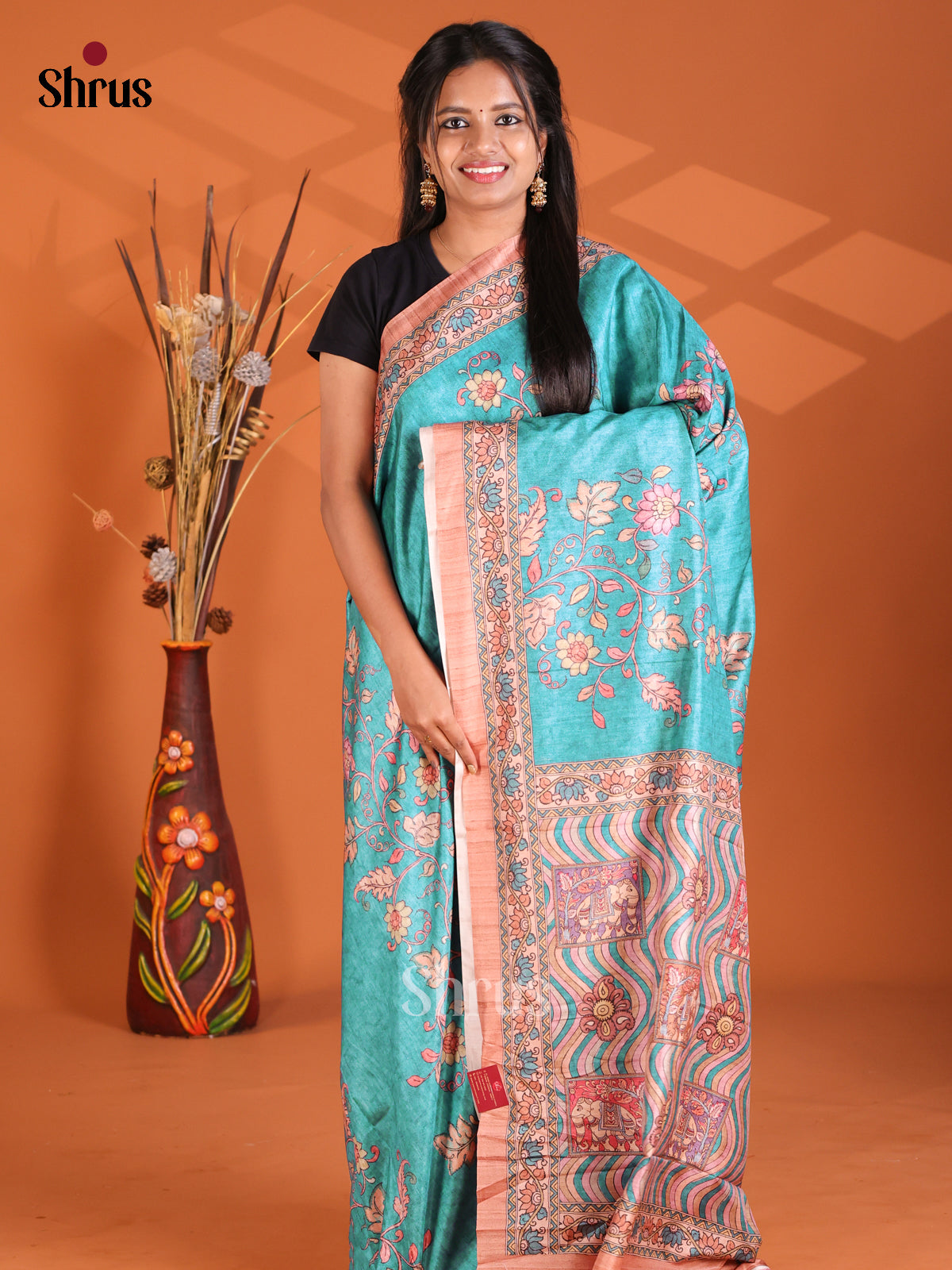 Blue & Peach - Semi Modal Saree