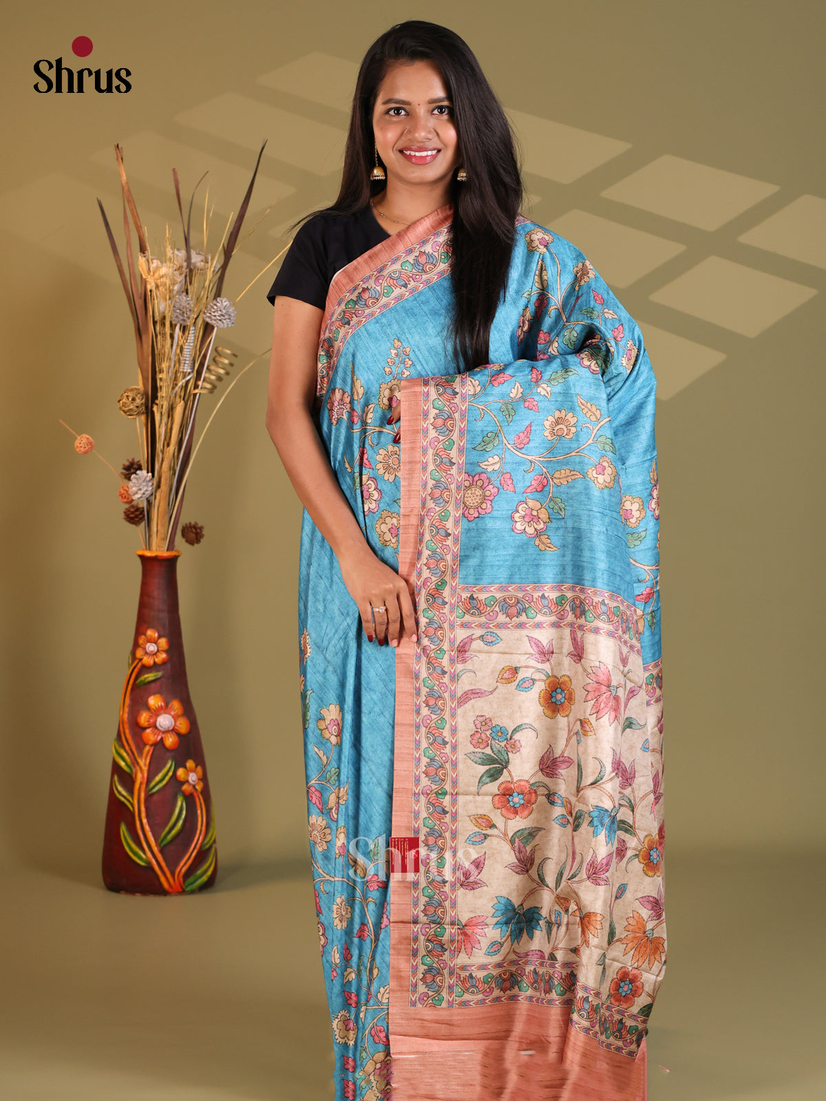 Blue & Peach - Semi Modal Saree
