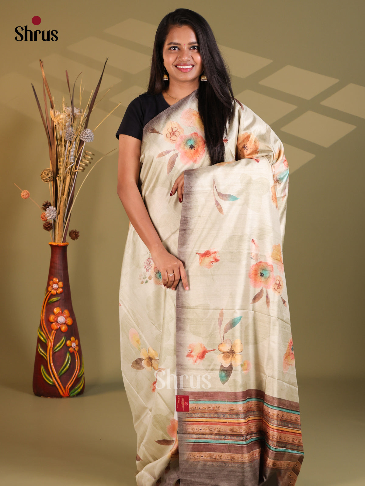 Cream & Grey- Semi Modal Saree