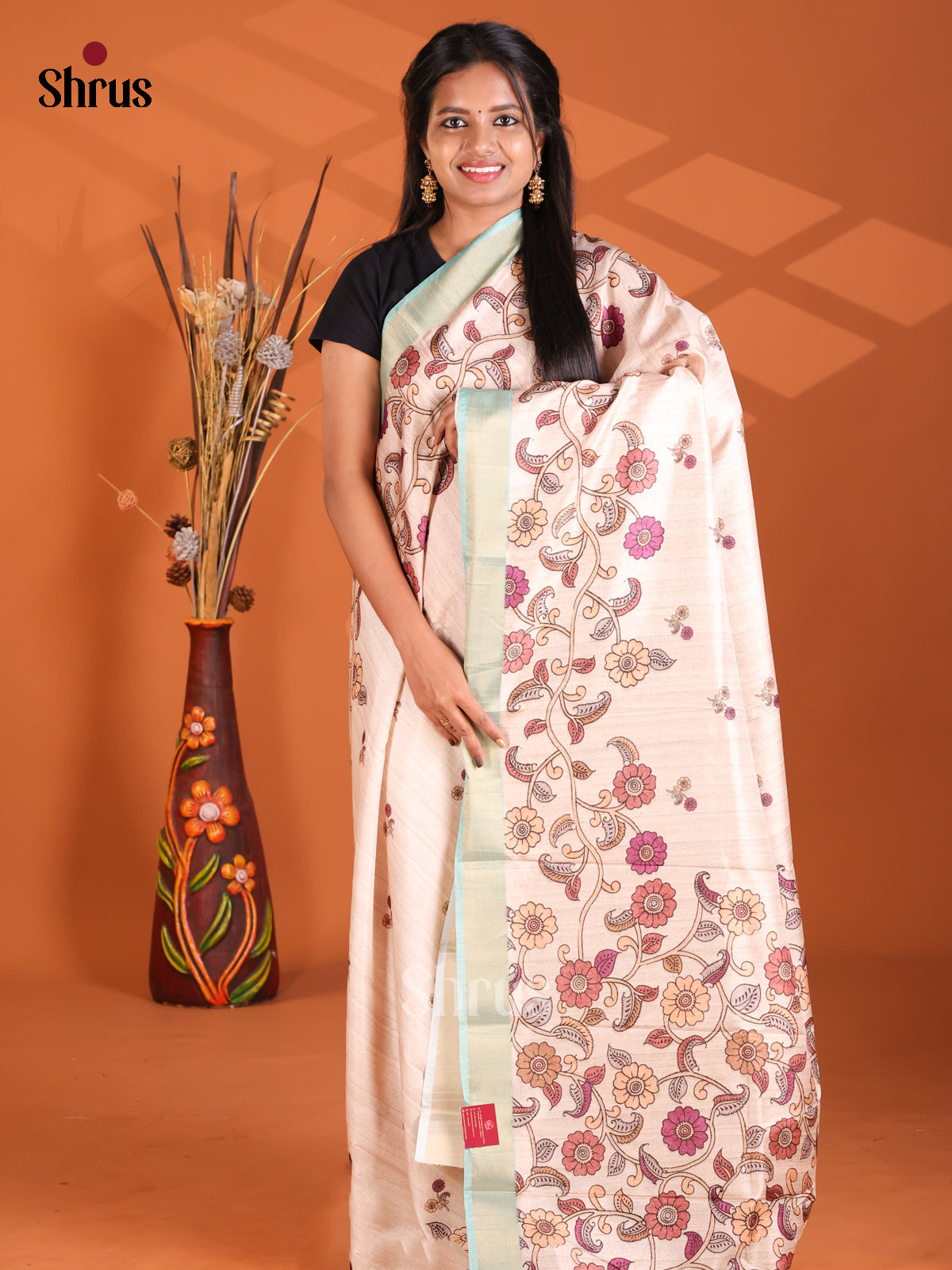 Cream & Teal- Semi Gicha Saree
