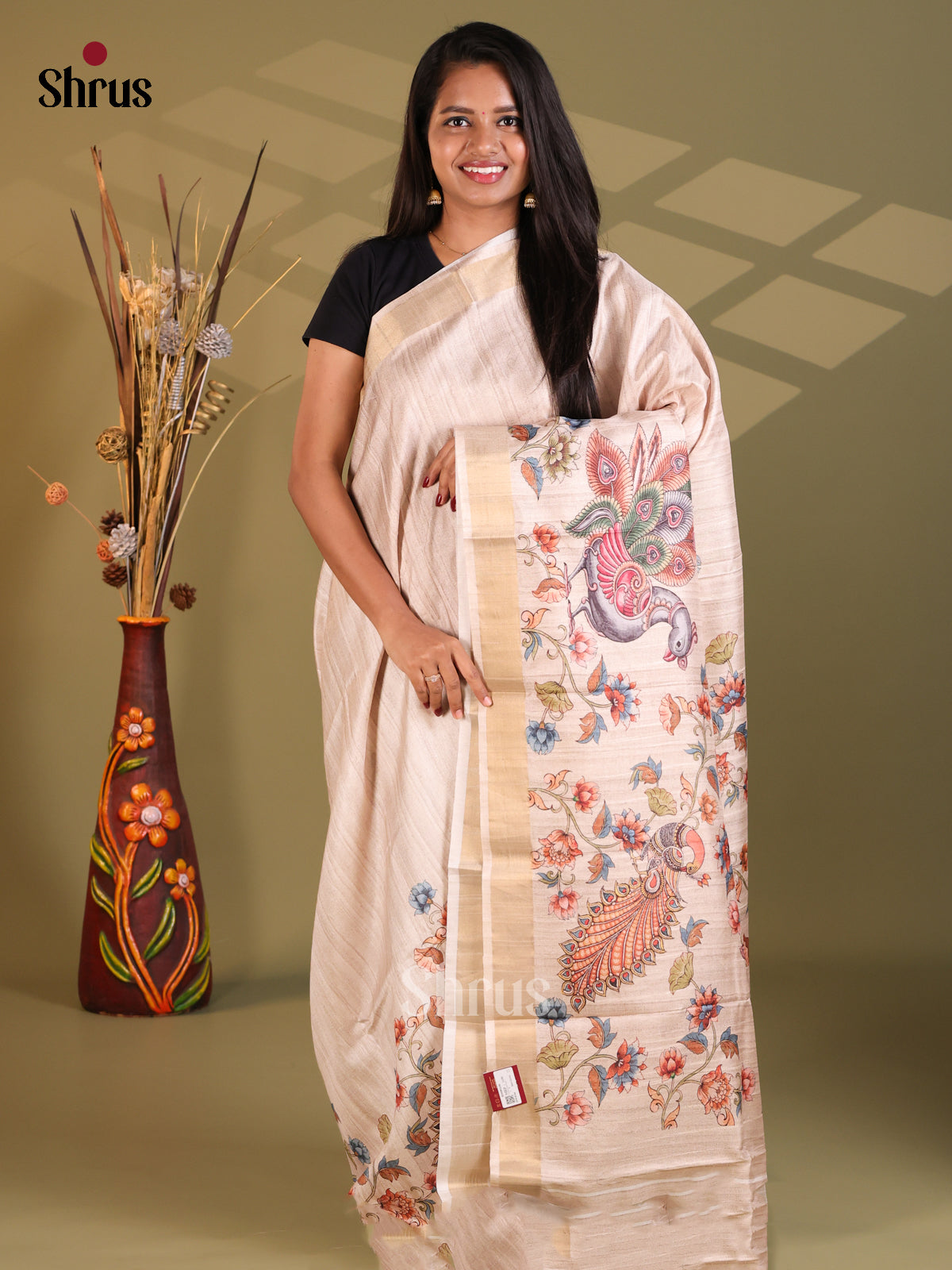 Cream - Semi Gicha Saree