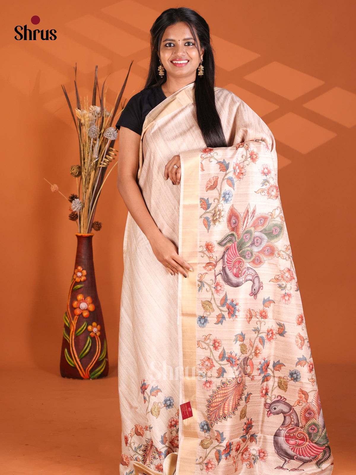 Cream - Semi Gicha Saree - Shop on Shrus.com