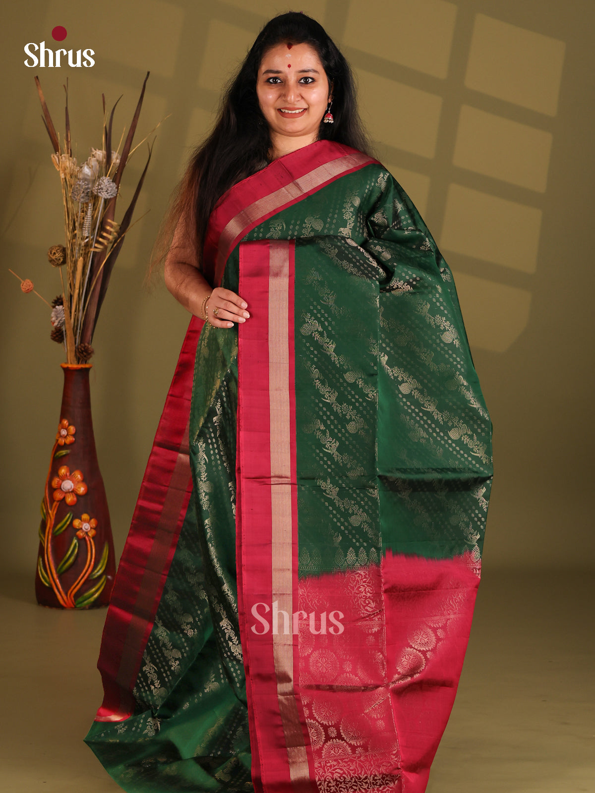Dark Green & Maroon Soft Silk Saree with diagonal floral vines brocade-1