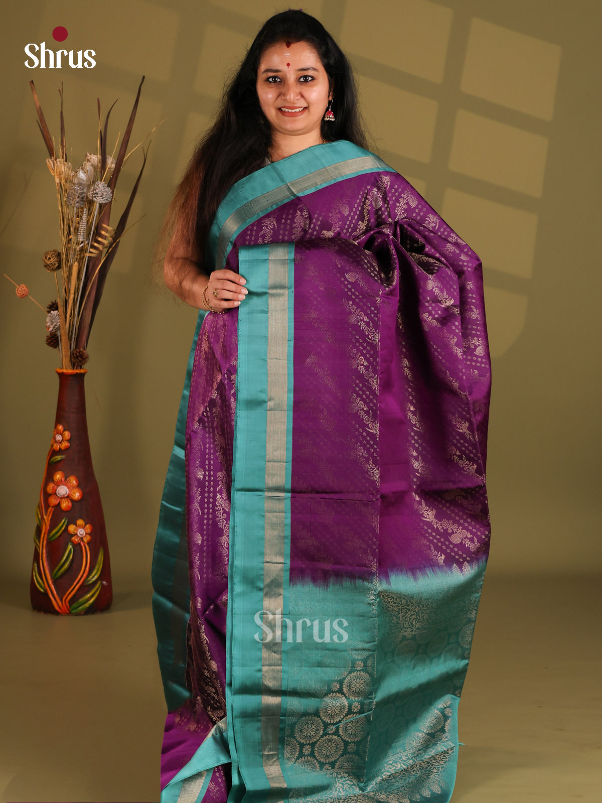 Cute Violet & blue Soft Silk Saree with zari Woven diagonally striped floral Vines