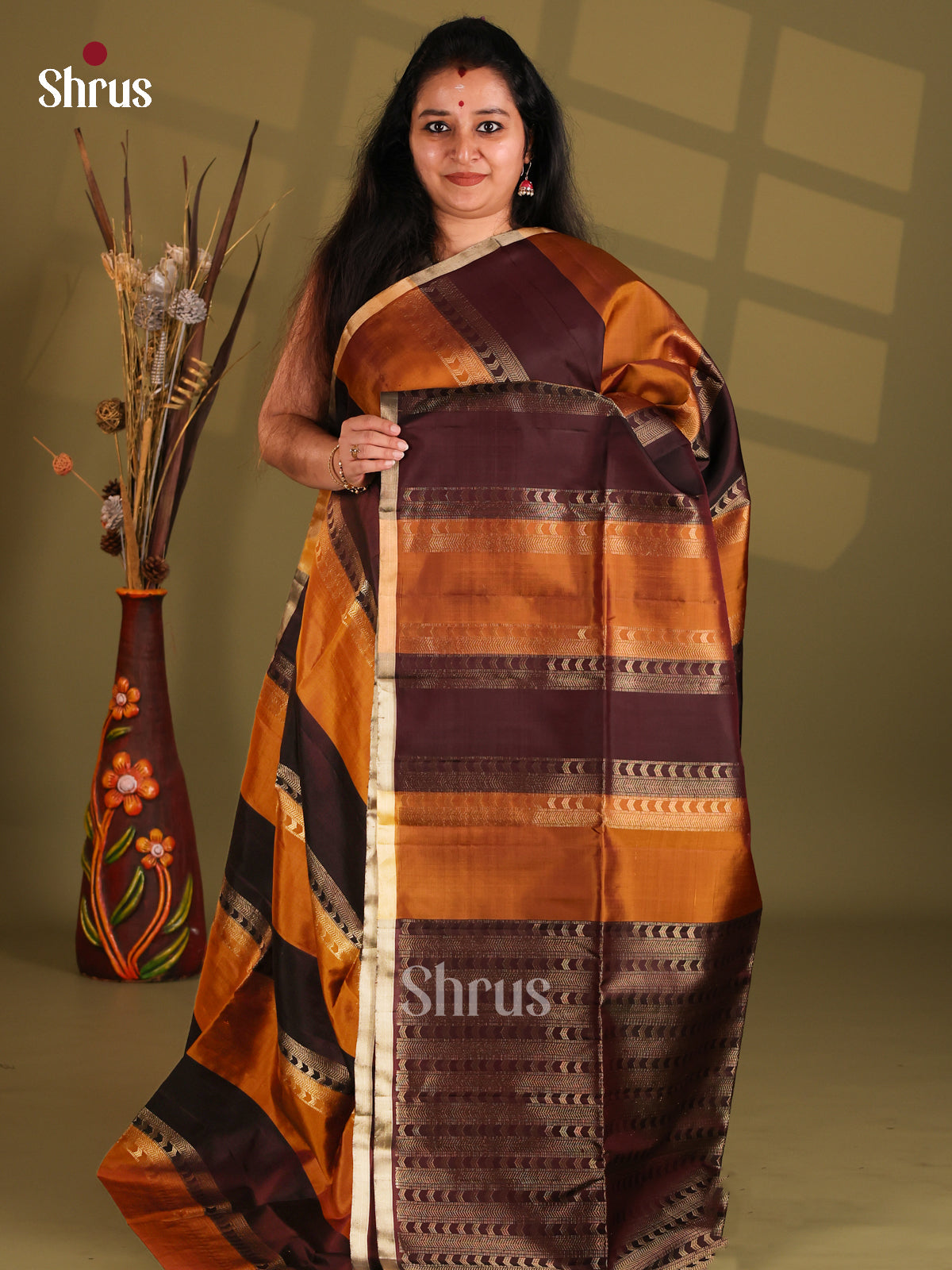 Rust & Brown Soft Silk Saree with zari stripes pattern