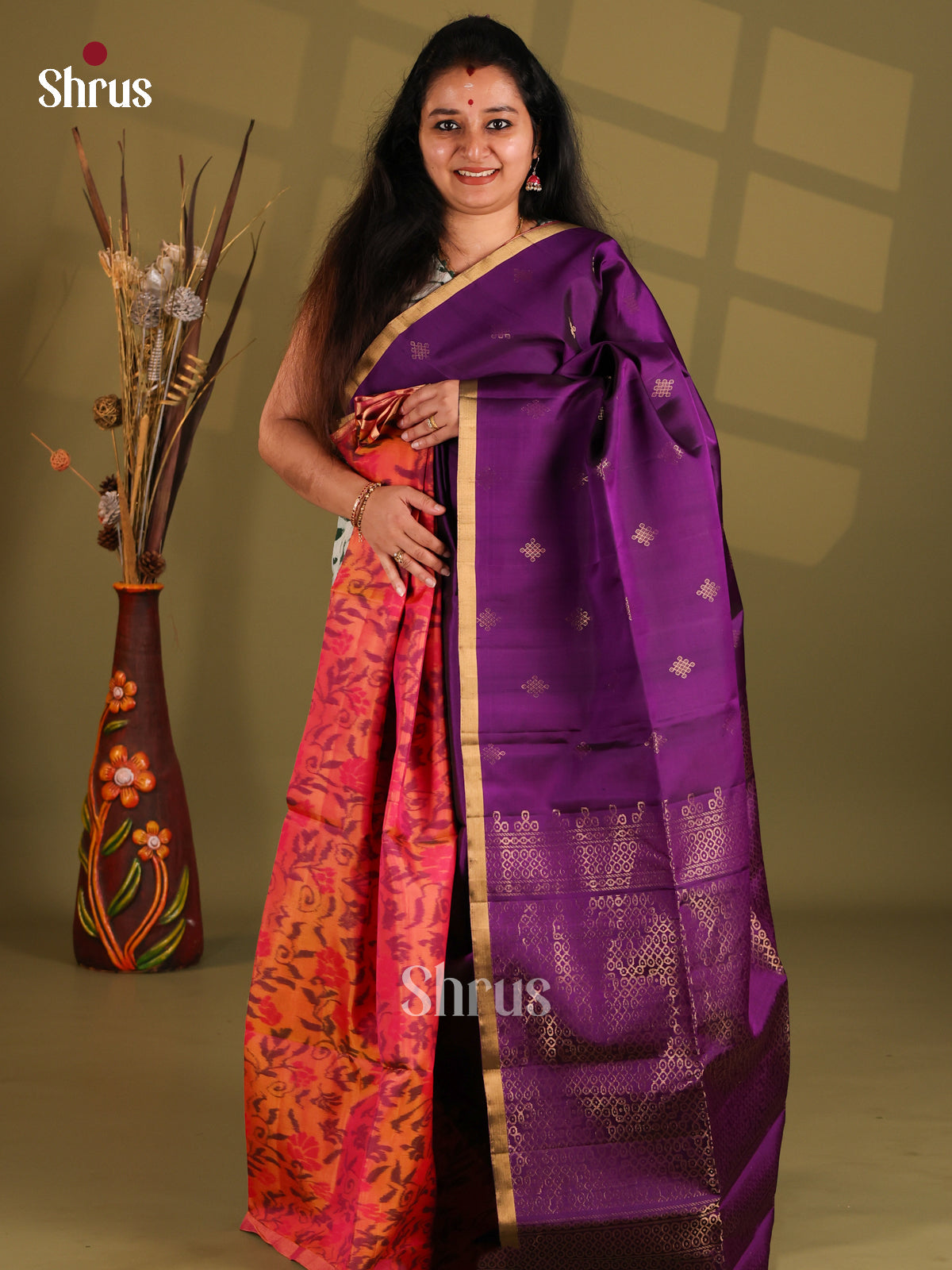 Violet and Orange Half & Half Soft Silk (HR) Saree with gold kolam zari buttas - Shop on Shrus.com