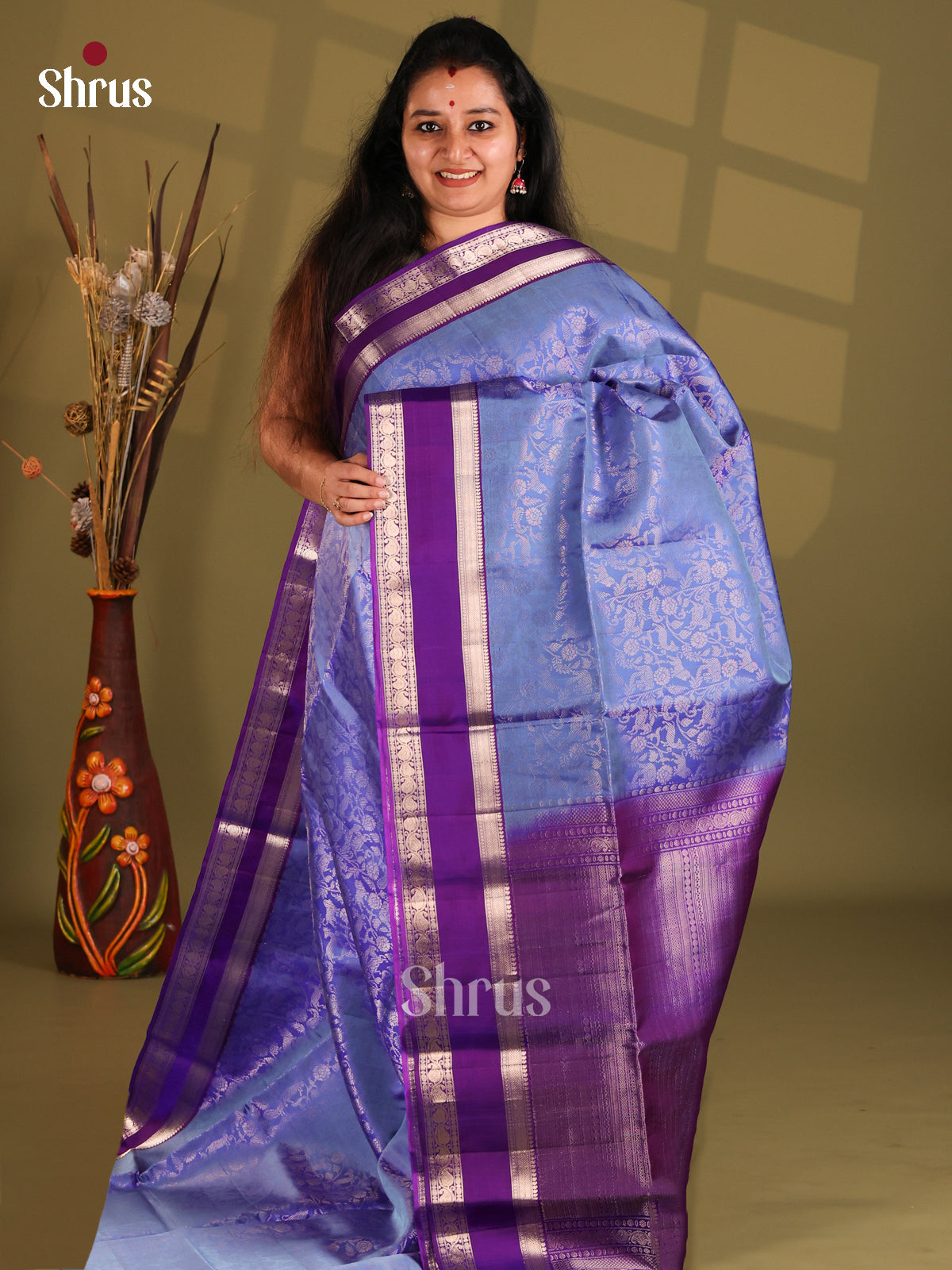Blue & Violet Soft Silk (HR) Saree with vanashringaram brocade , rettaipet borde