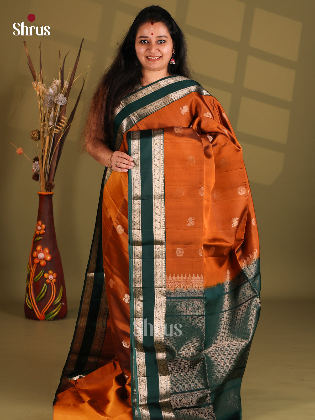Rust and green Soft Silk (HR) Saree with zari peacock , chakra buttas - Shop on Shrus.com