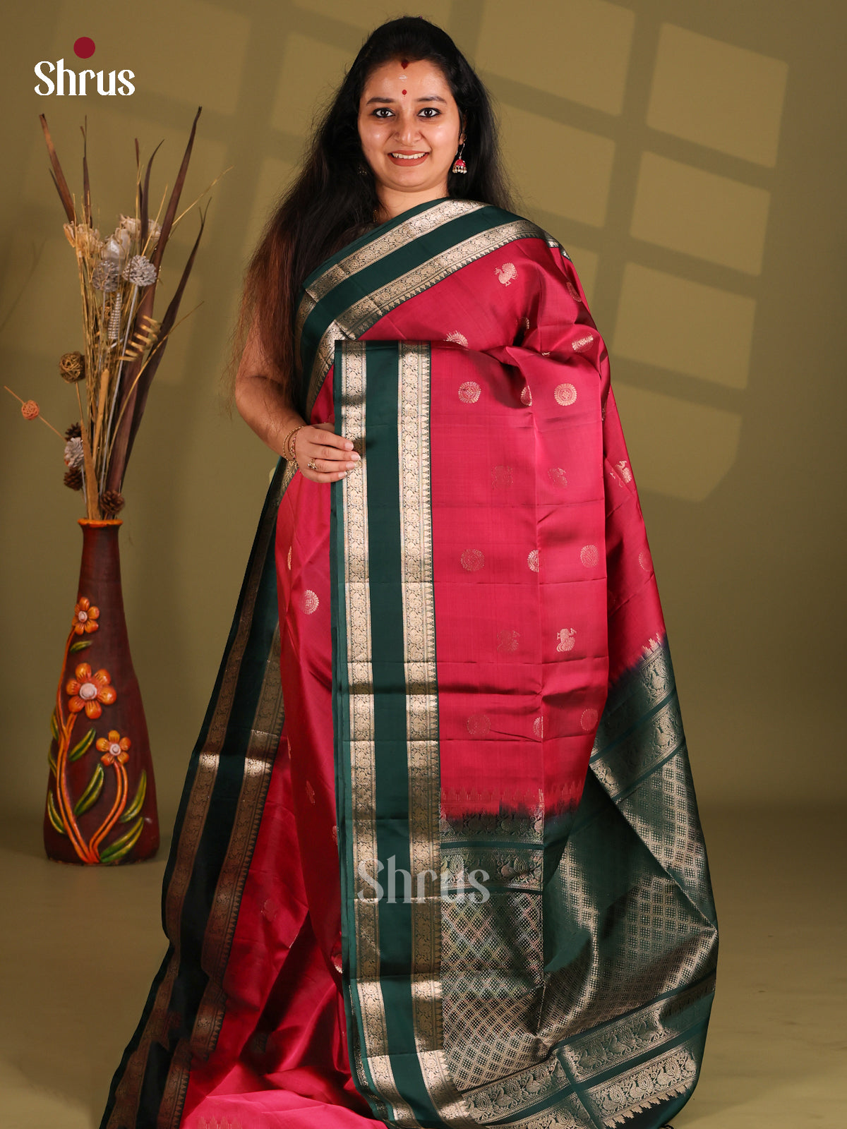 Maroon and Green Soft Silk (HR) Saree with zari peacock , floral buttas & Rettaipet border