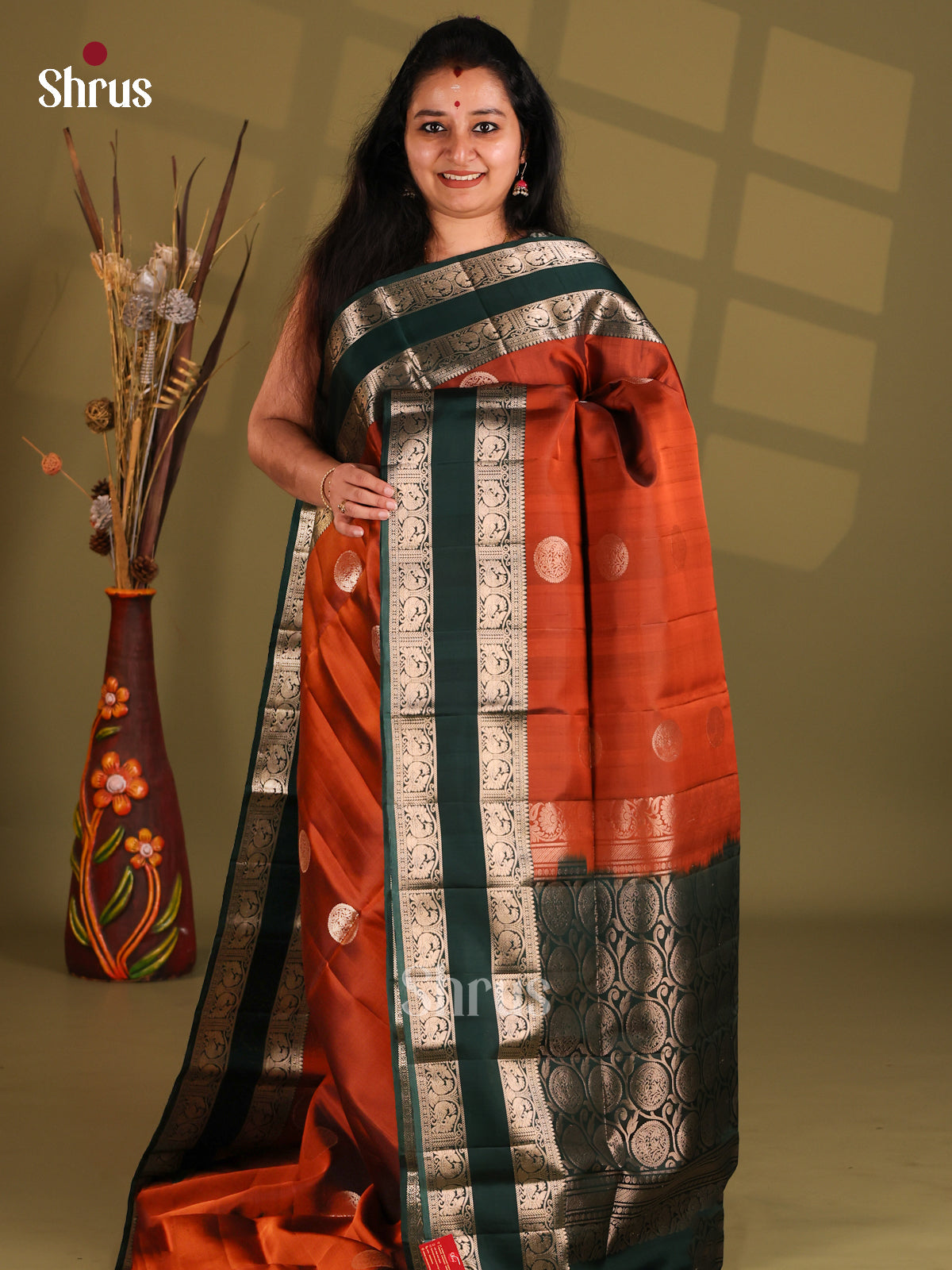 Rust and darrk Green Soft Silk (HR) Saree with intricately woven rettaipet border - Shop on Shrus.com