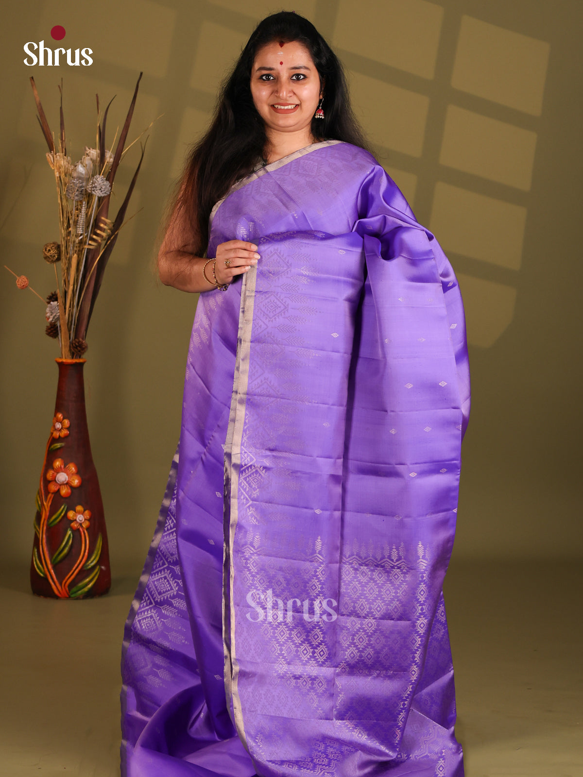 Purple Single tone Soft Silk Saree with zari floral buttas & brocade pallu-1