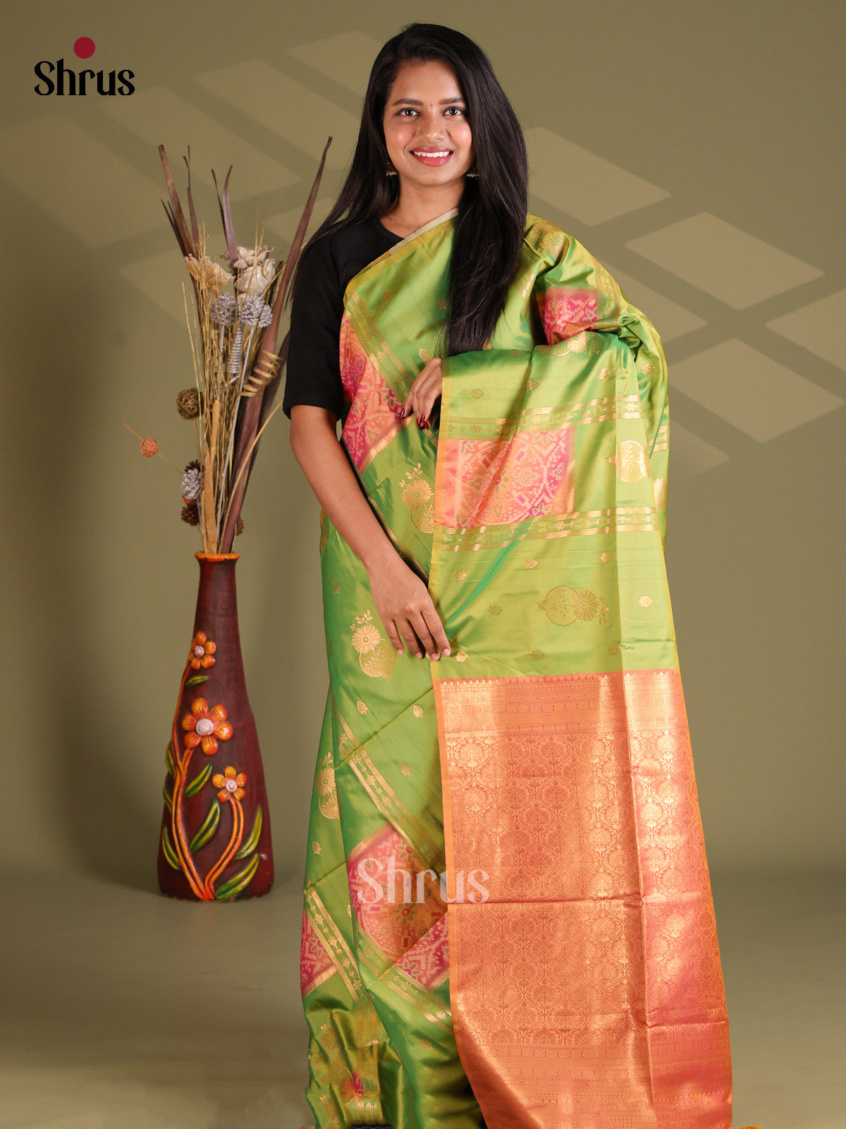 Green & Orange - Semi Softsilk Saree