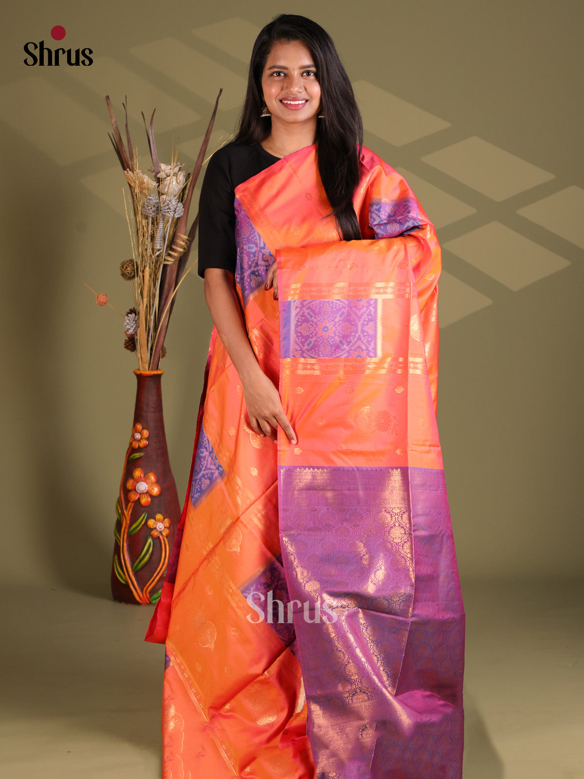 Orange & Violet - Semi Softsilk Saree
