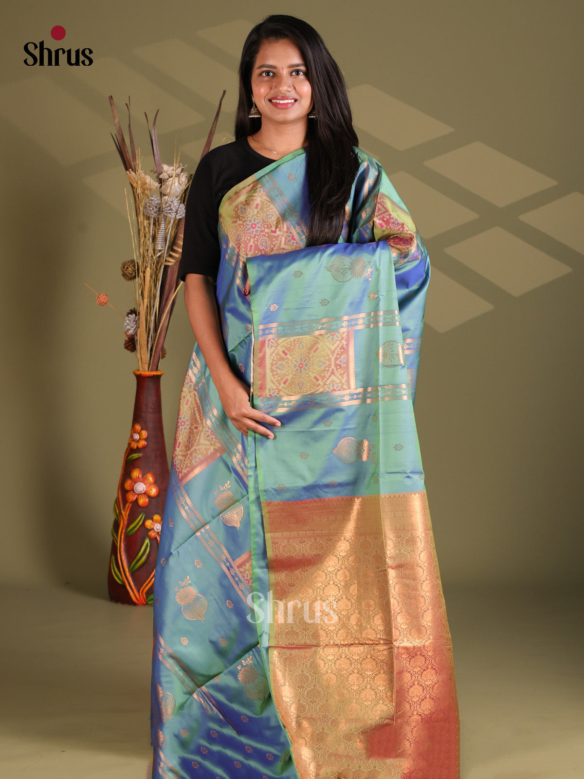 Blue & Double Shaded Green - Semi Softsilk Saree
