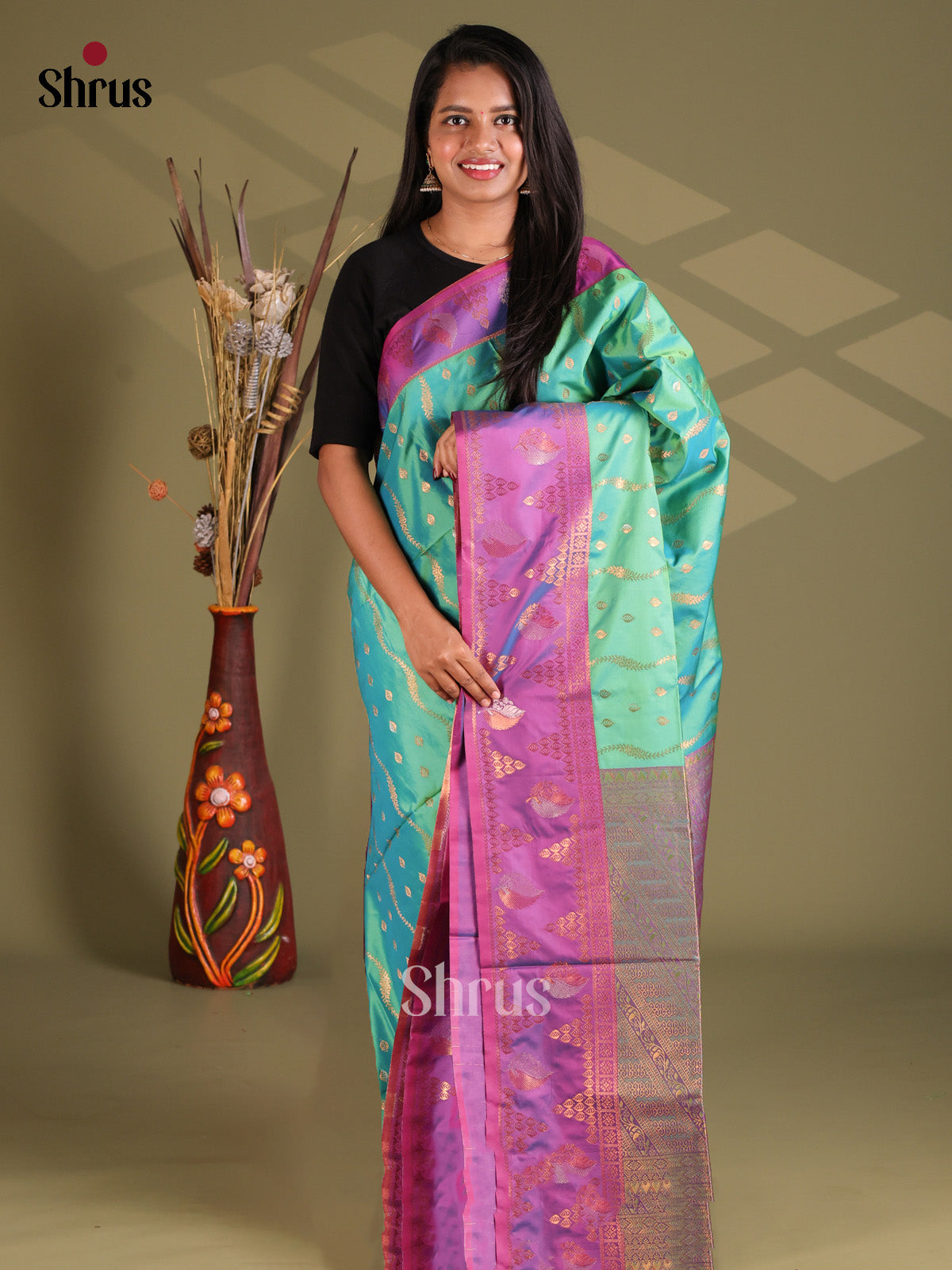 Green & Purple - Semi Softsilk Saree - Shop on Shrus.com