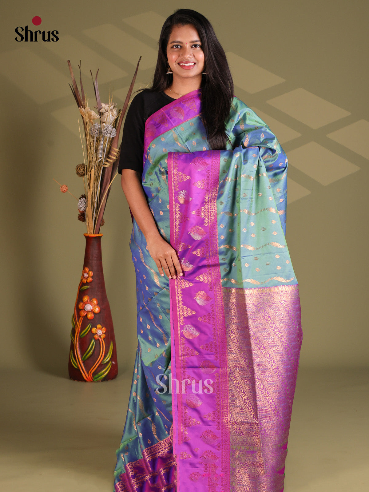 Green & Purple - Semi Softsilk Saree - Shop on Shrus.com
