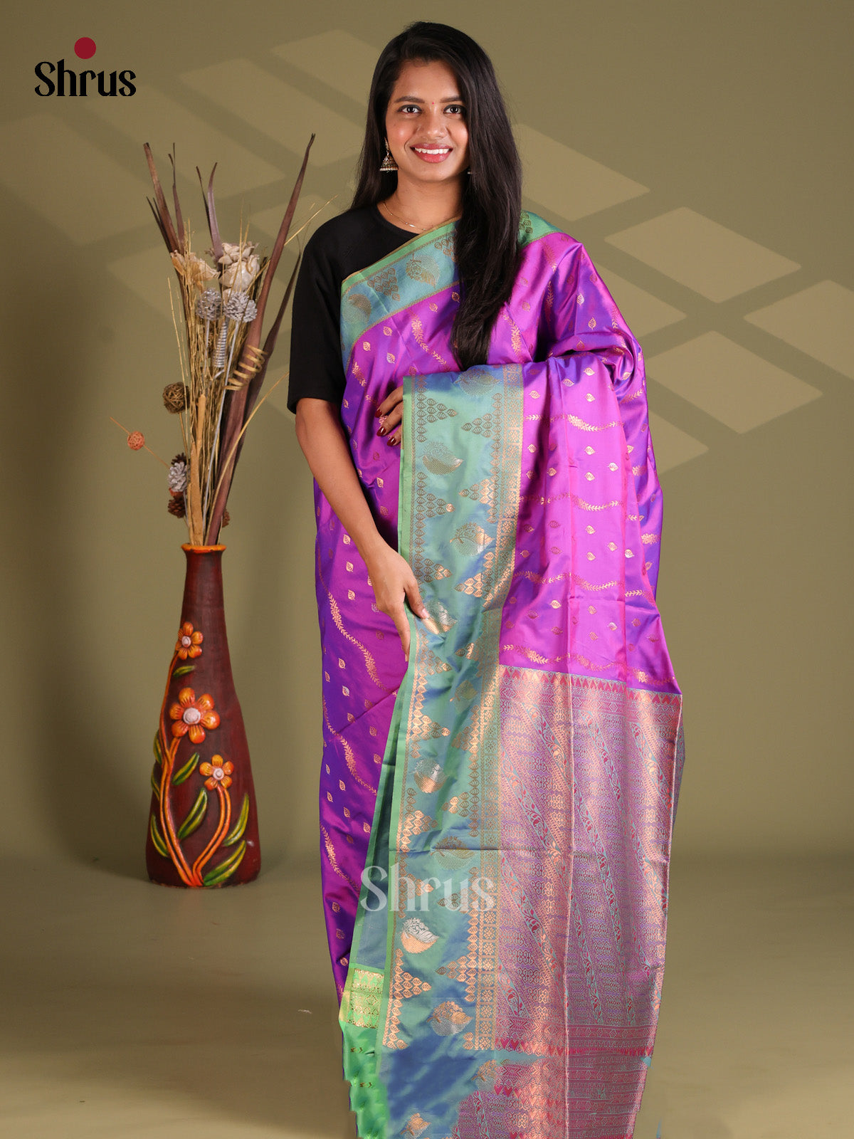 Purple & Green - Semi Softsilk Saree - Shop on Shrus.com