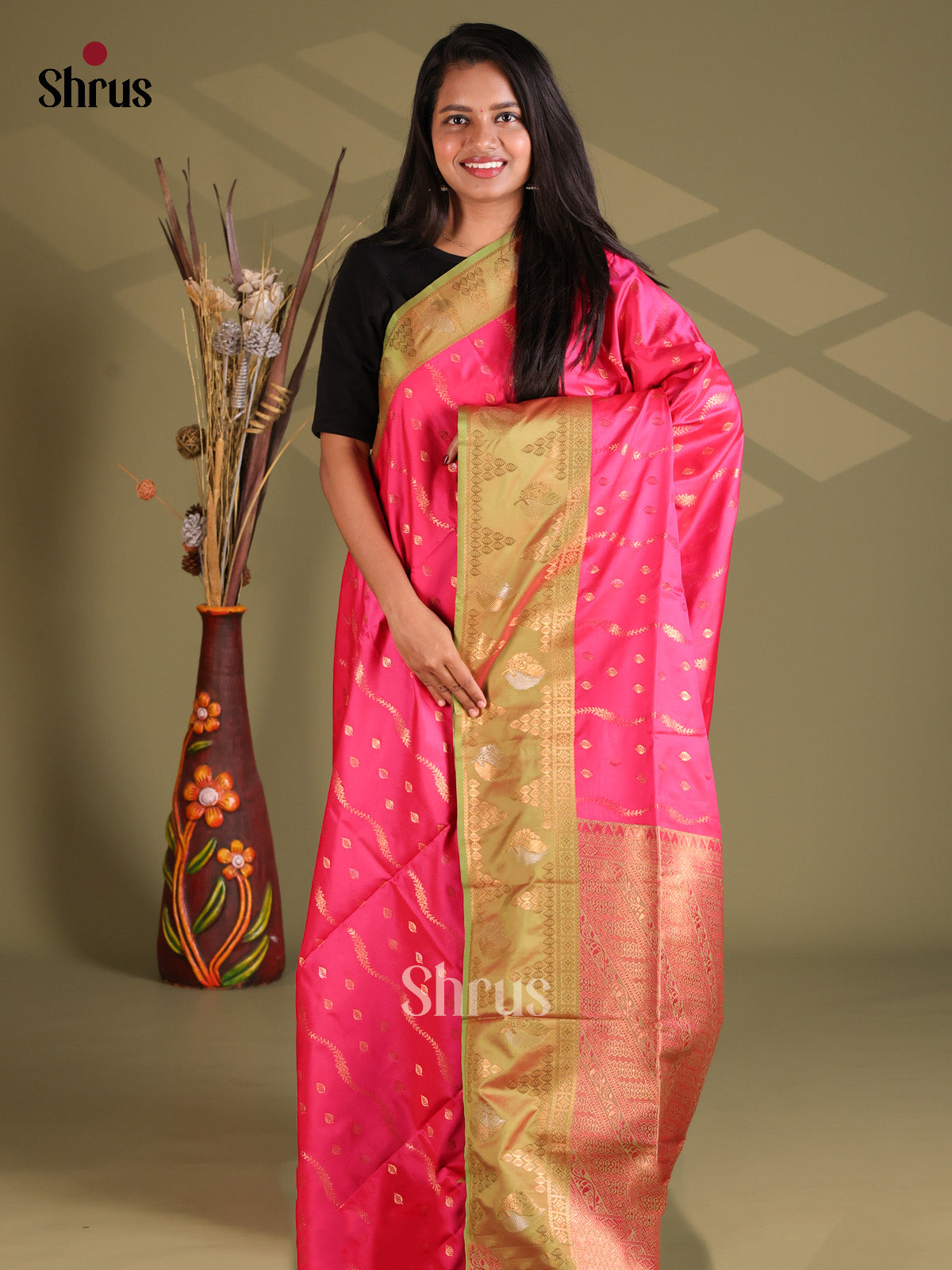 Pink & Green - Semi Softsilk Saree