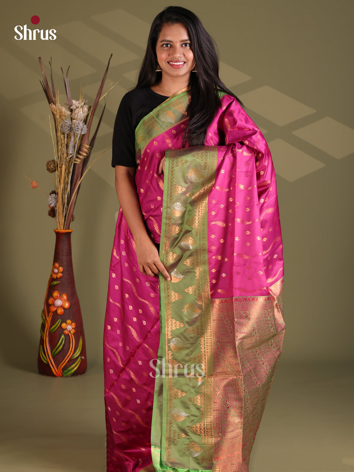 Majenta & Green - Semi Softsilk Saree - Shop on Shrus.com