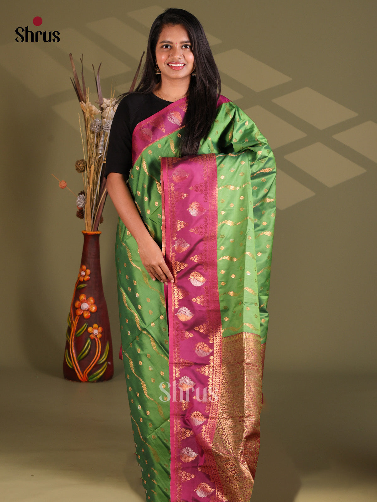 Green & Purple - Semi Softsilk Saree - Shop on Shrus.com