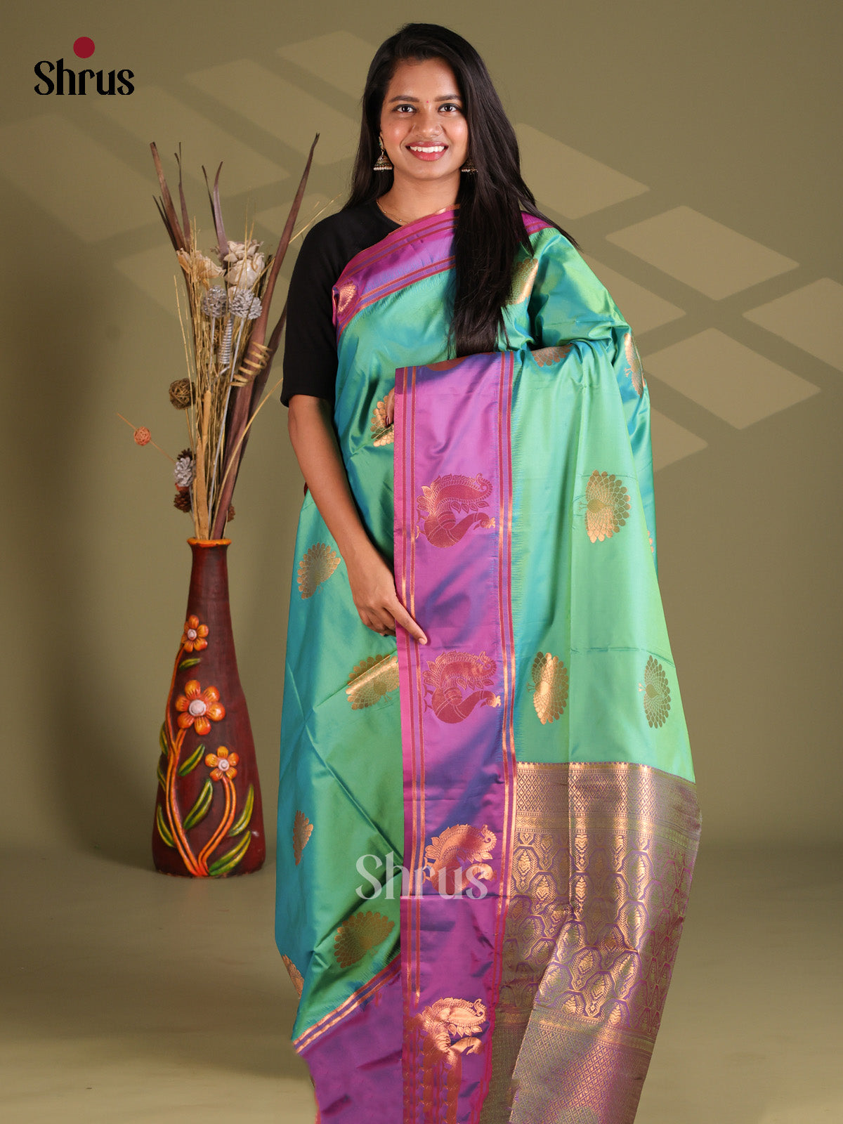 Green & Violet - Semi Softsilk Saree - Shop on Shrus.com
