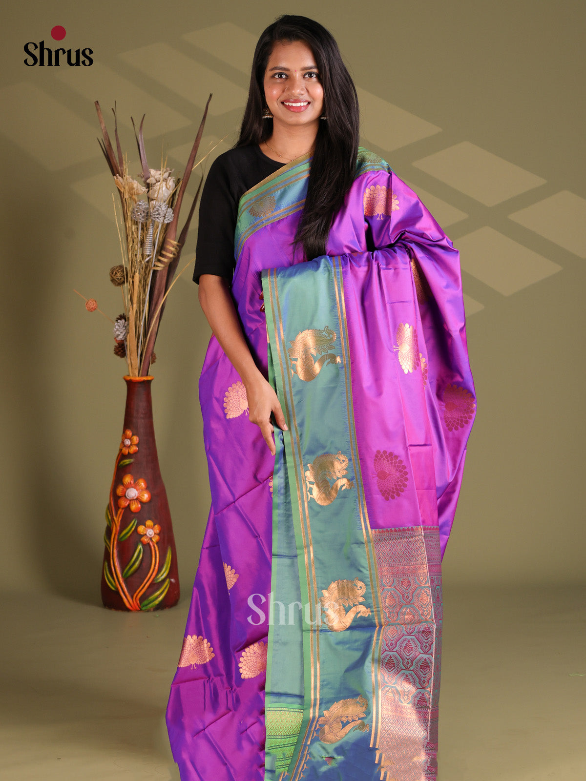 Purple & Green - Semi Softsilk Saree - Shop on Shrus.com