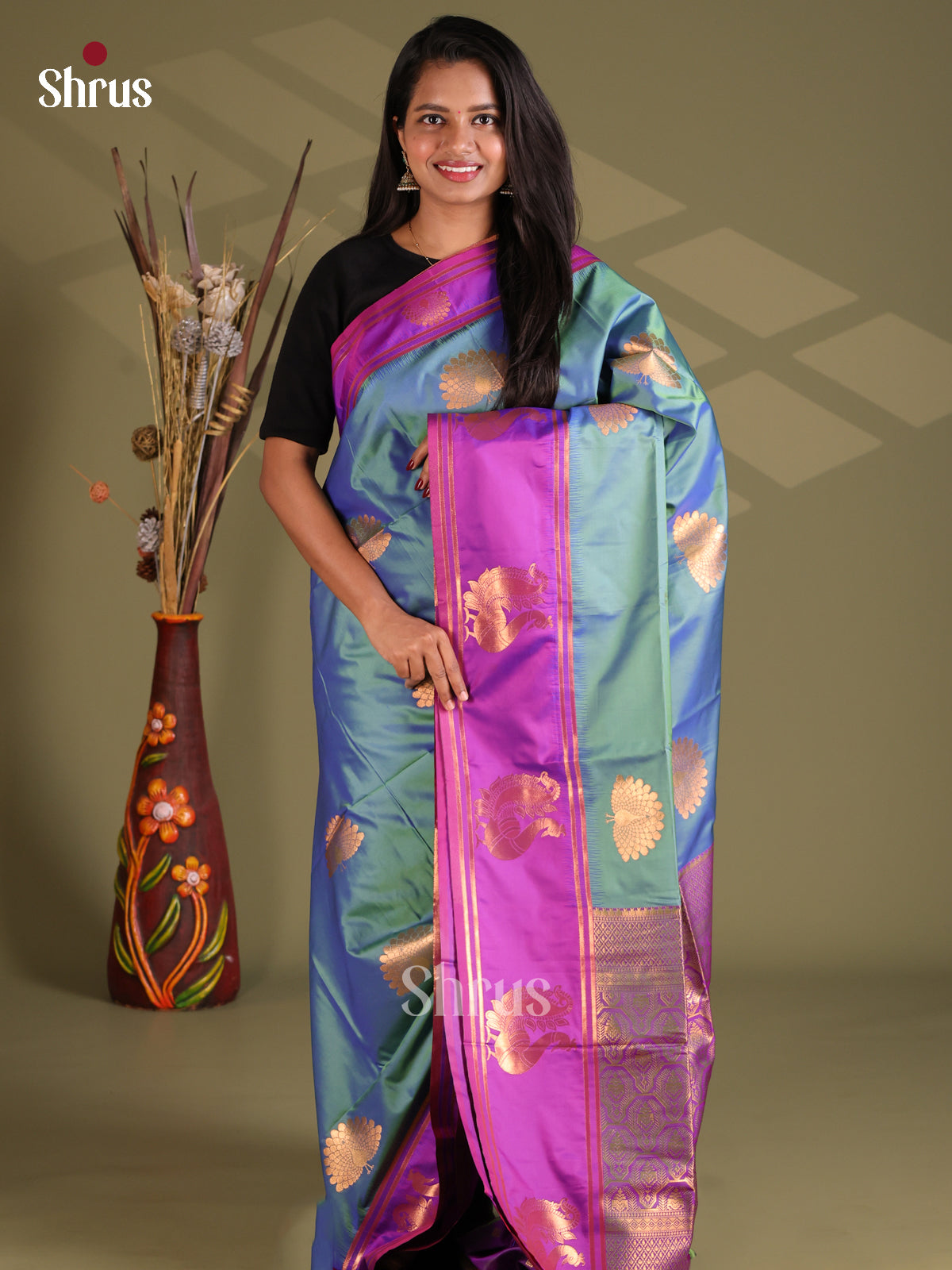 Blue & Purple - Semi Softsilk Saree