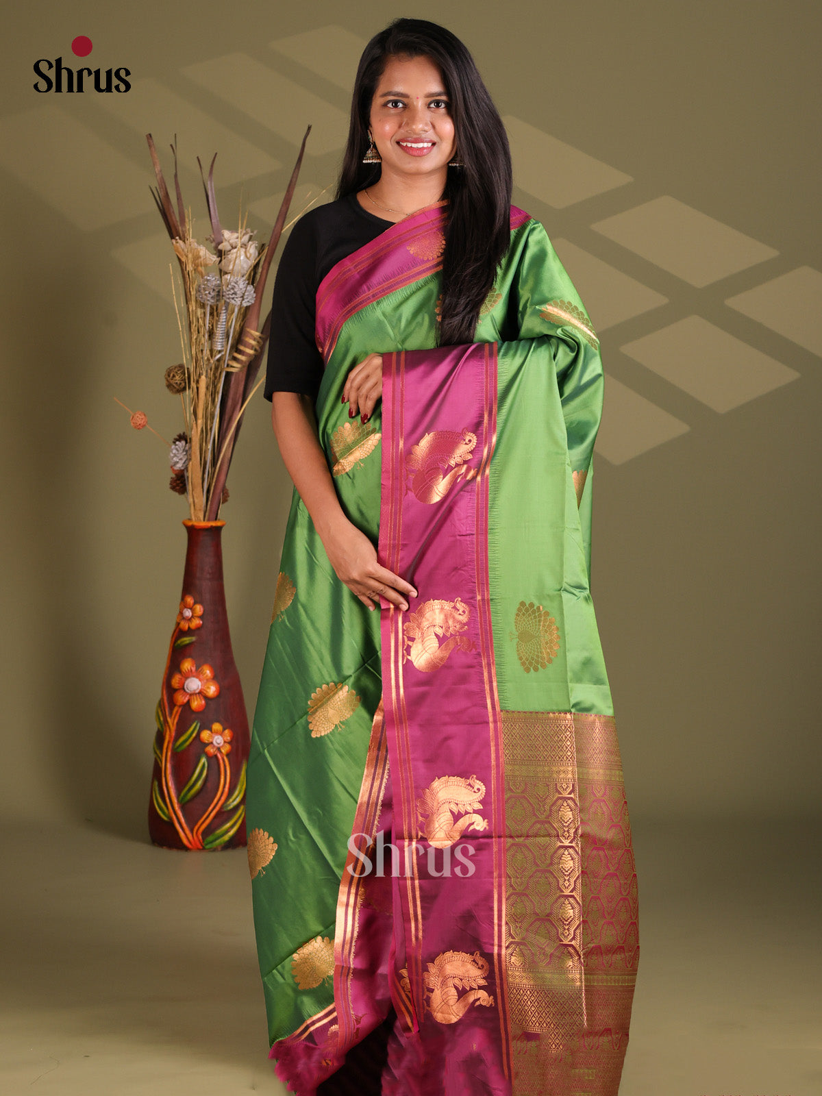 Green & Purple - Semi Softsilk Saree - Shop on Shrus.com