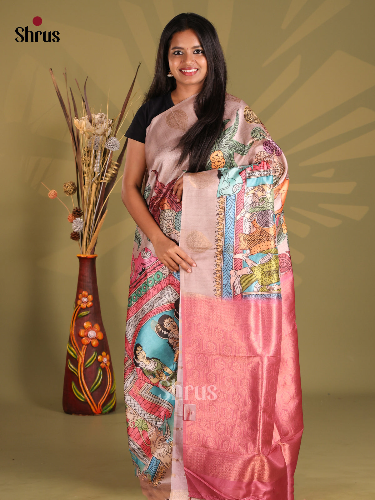 Dusty Pink & Pink - chennur-kalamkari Saree - Shop on Shrus.com