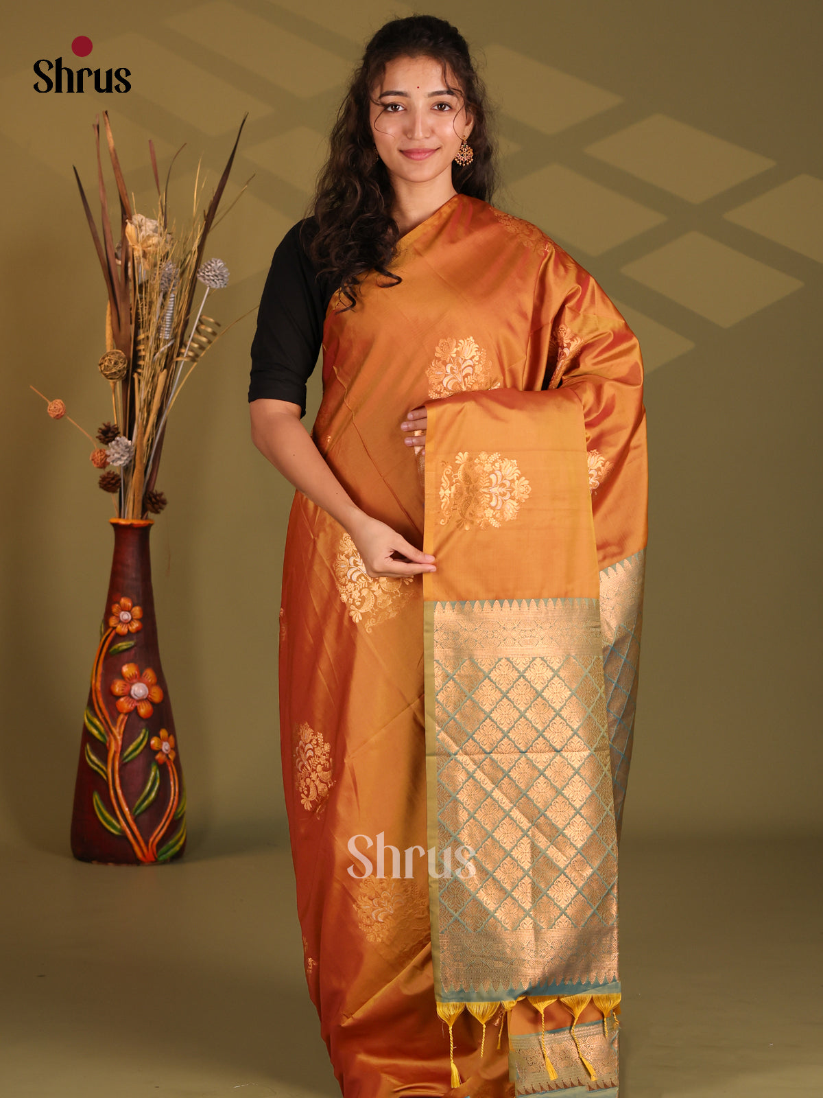 Brick & Green- Semi Softsilk Saree