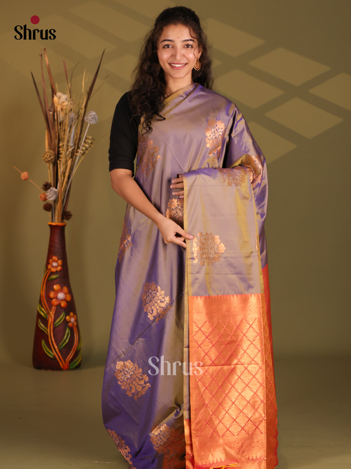 Violet & Orange - Semi Softsilk Saree - Shop on Shrus.com