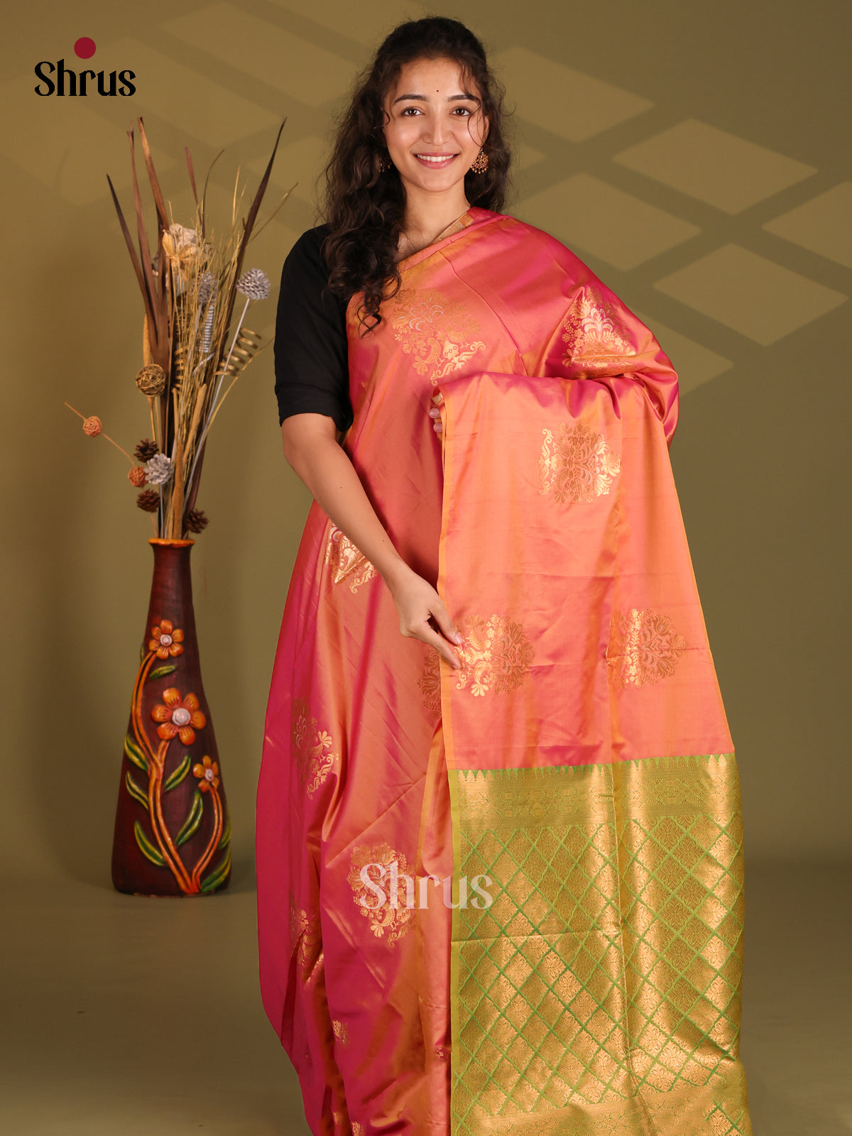 Orange & Green - Semi Softsilk Saree - Shop on Shrus.com