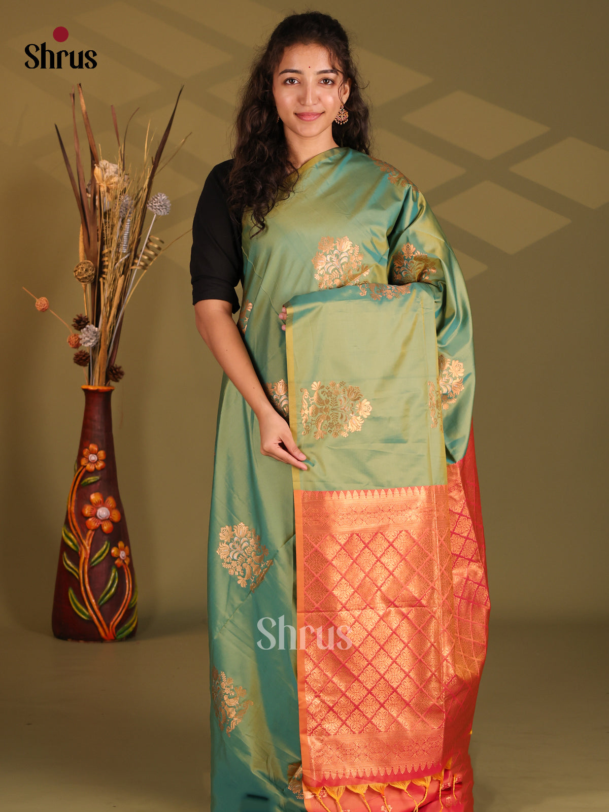 Green & Orange - Semi Softsilk Saree - Shop on Shrus.com
