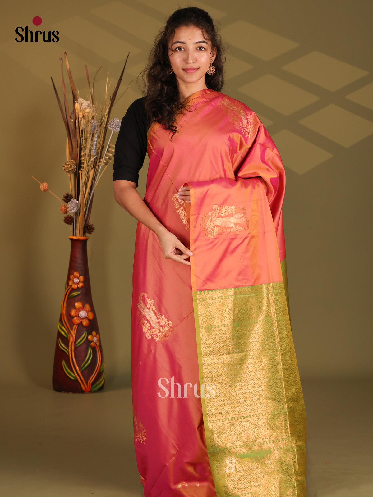 Orange & Green - Semi Softsilk Saree - Shop on Shrus.com