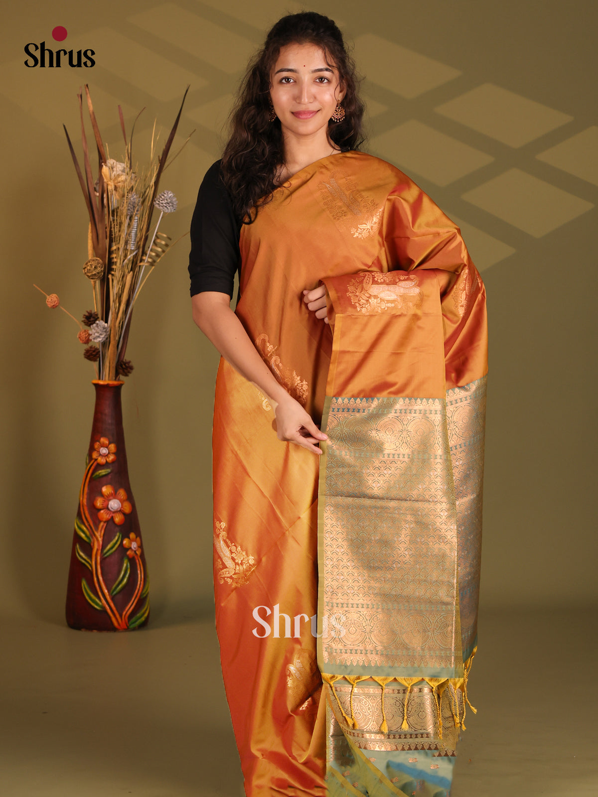 Rust & Green - Semi Softsilk Saree - Shop on Shrus.com
