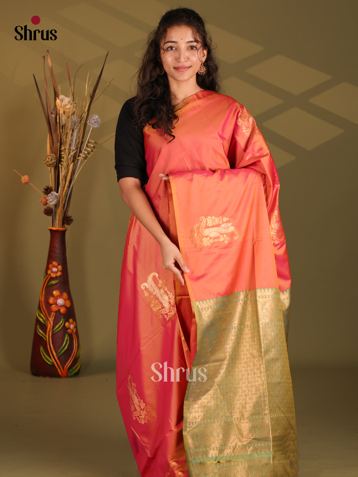 Orange & Green- Semi Softsilk Saree - Shop on Shrus.com
