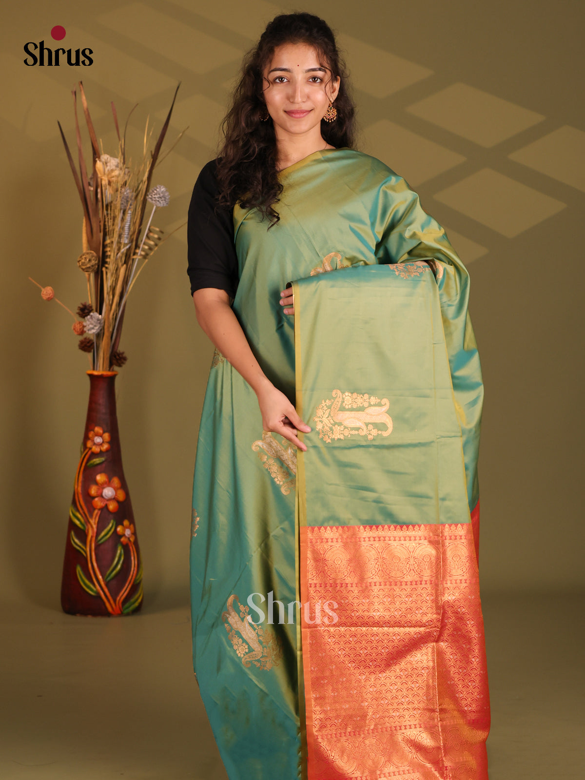 Green & Orange - Semi Softsilk Saree - Shop on Shrus.com