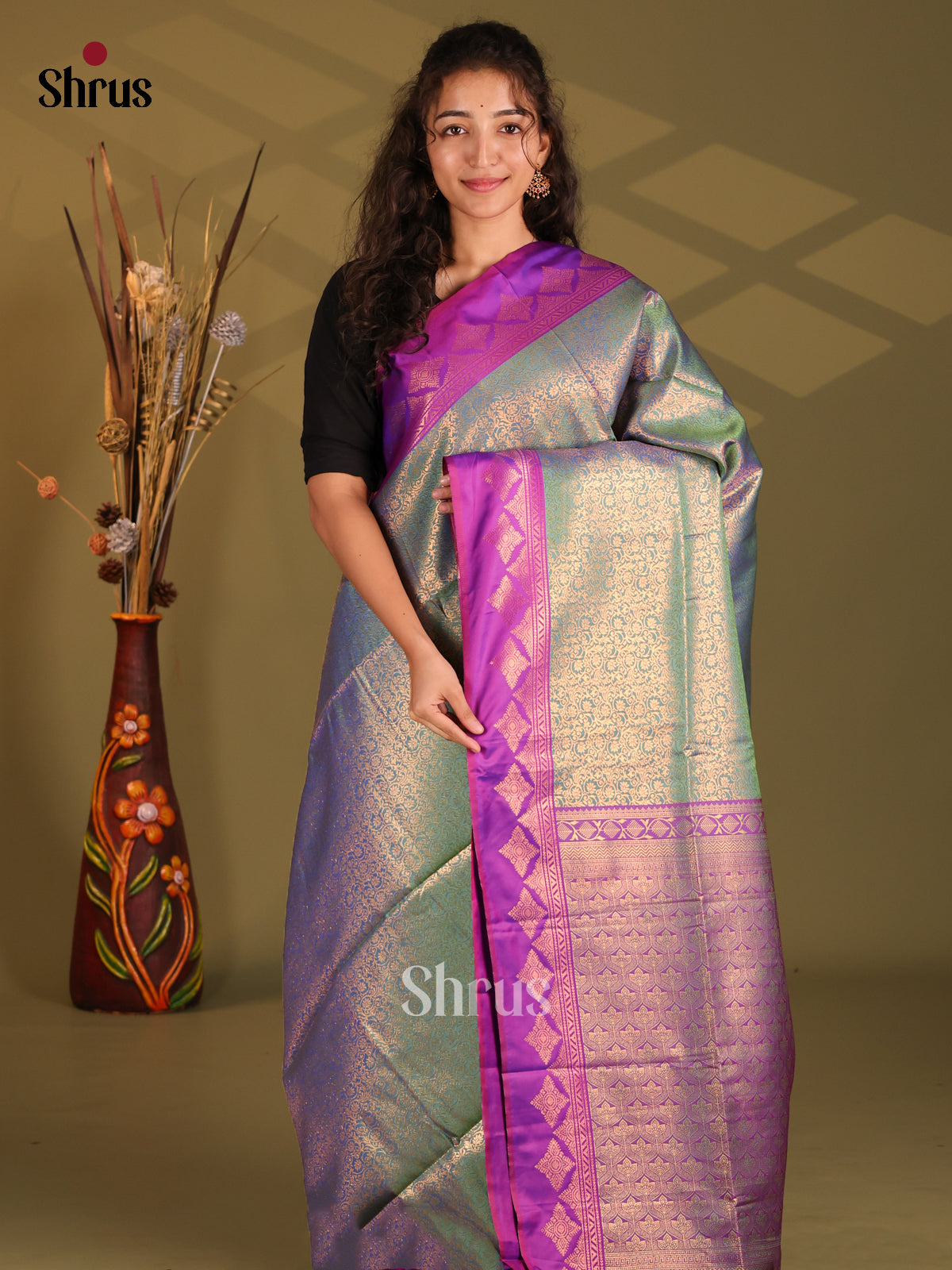 Green & Purple- Semi Softsilk Saree - Shop on Shrus.com