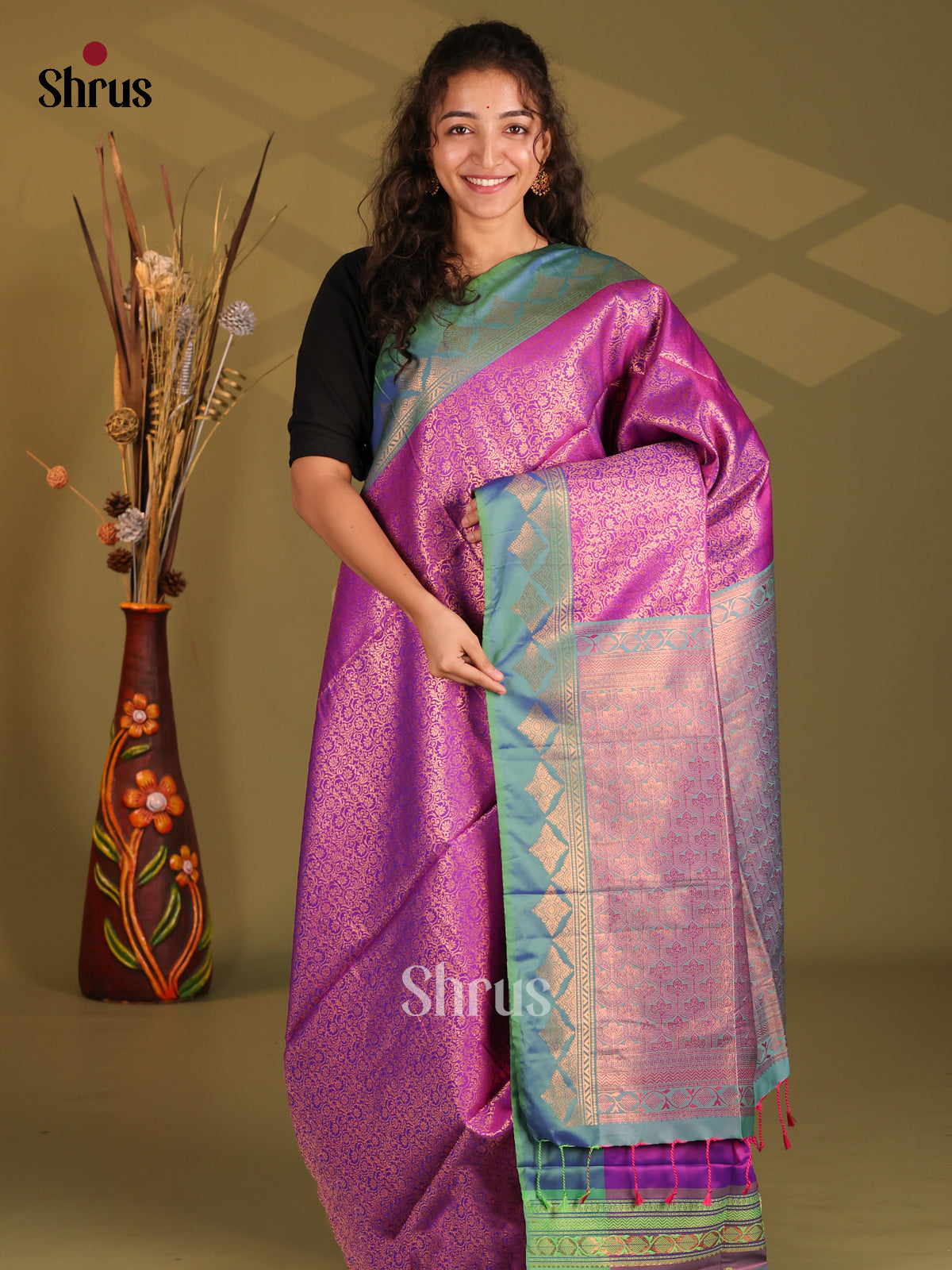 Majenta & Green- Semi Softsilk Saree - Shop on Shrus.com