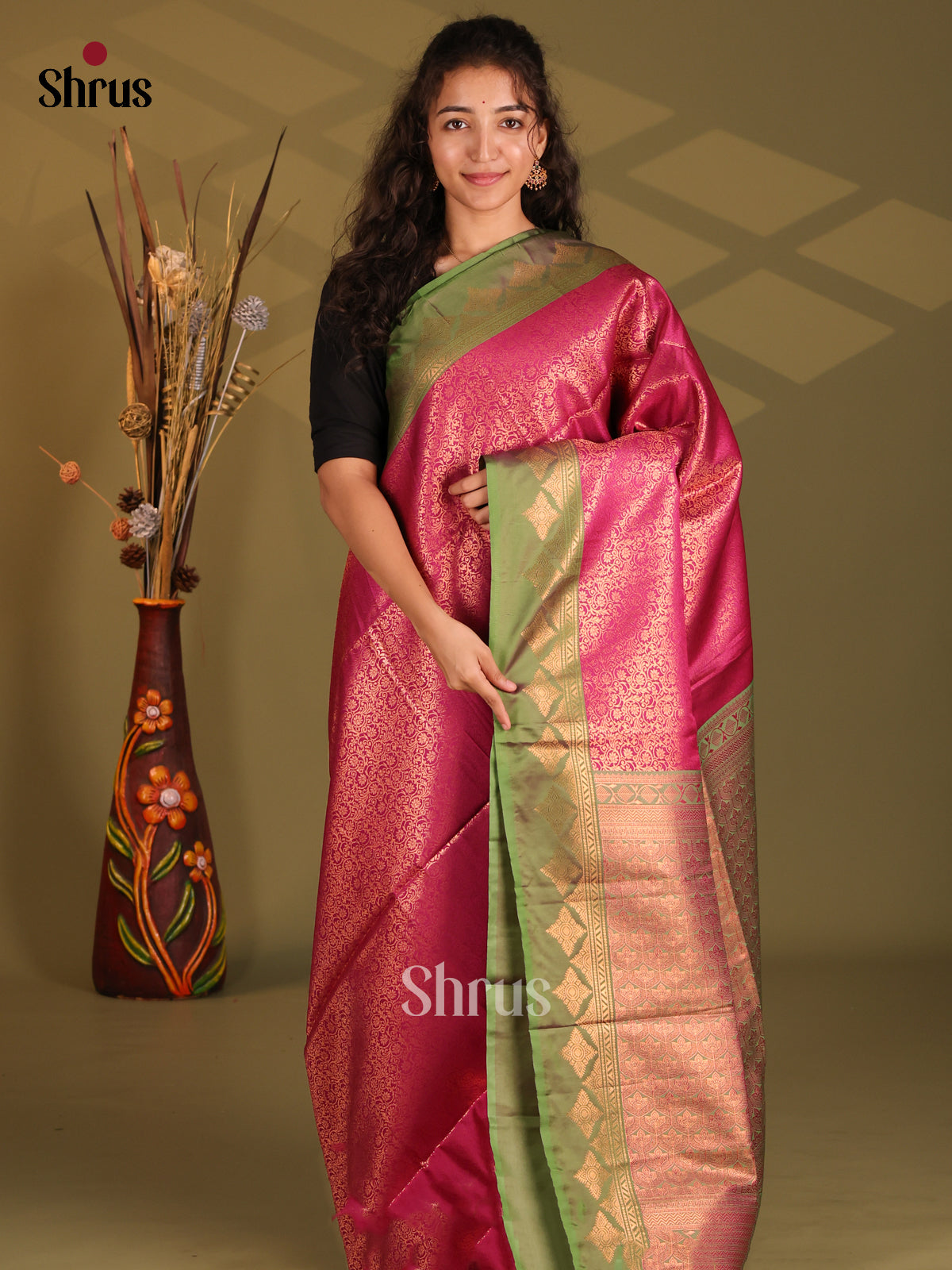 Pink & Green- Semi Softsilk Saree - Shop on Shrus.com