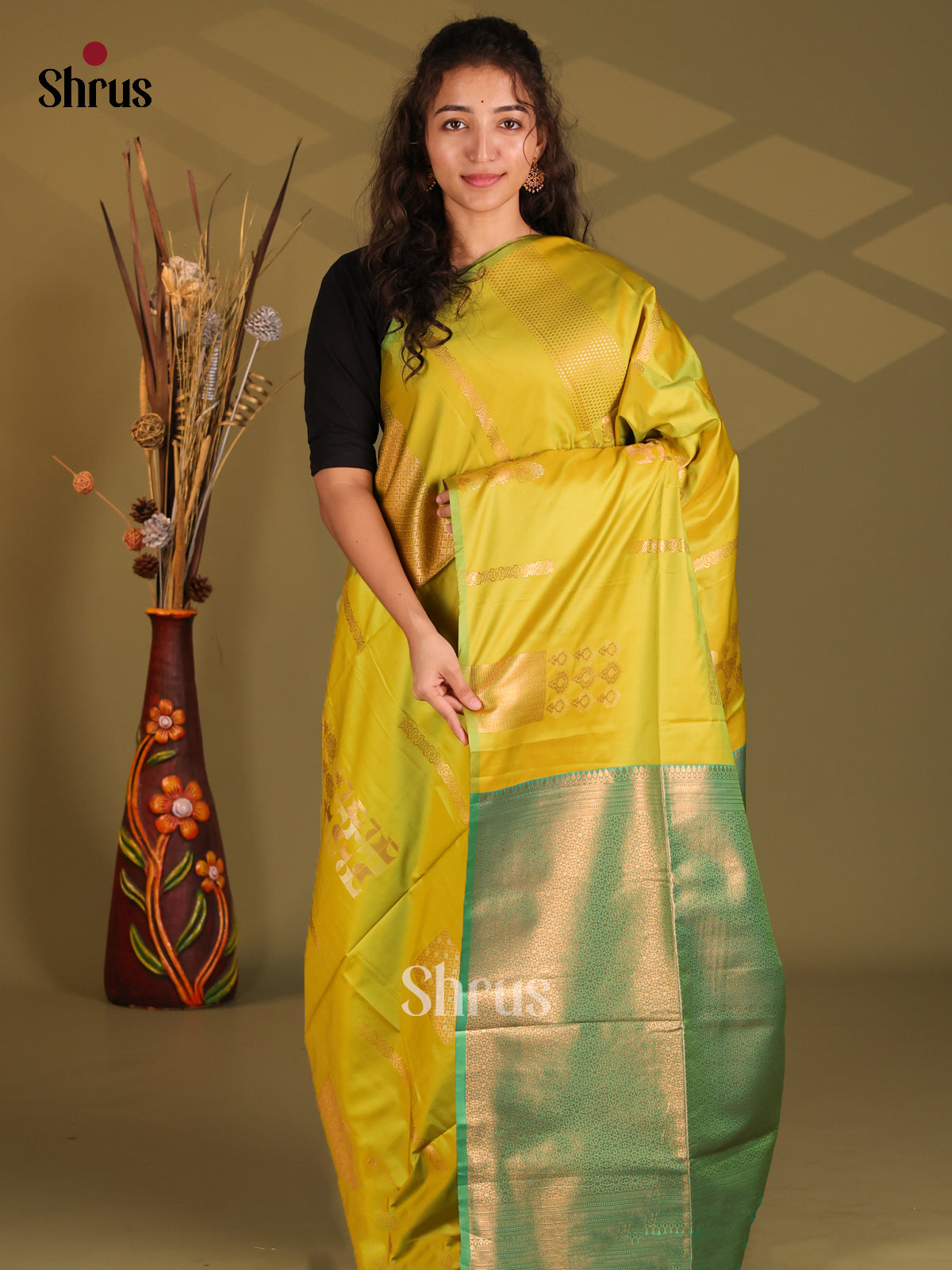 Mustardy Green & Green- Semi Softsilk Saree - Shop on Shrus.com